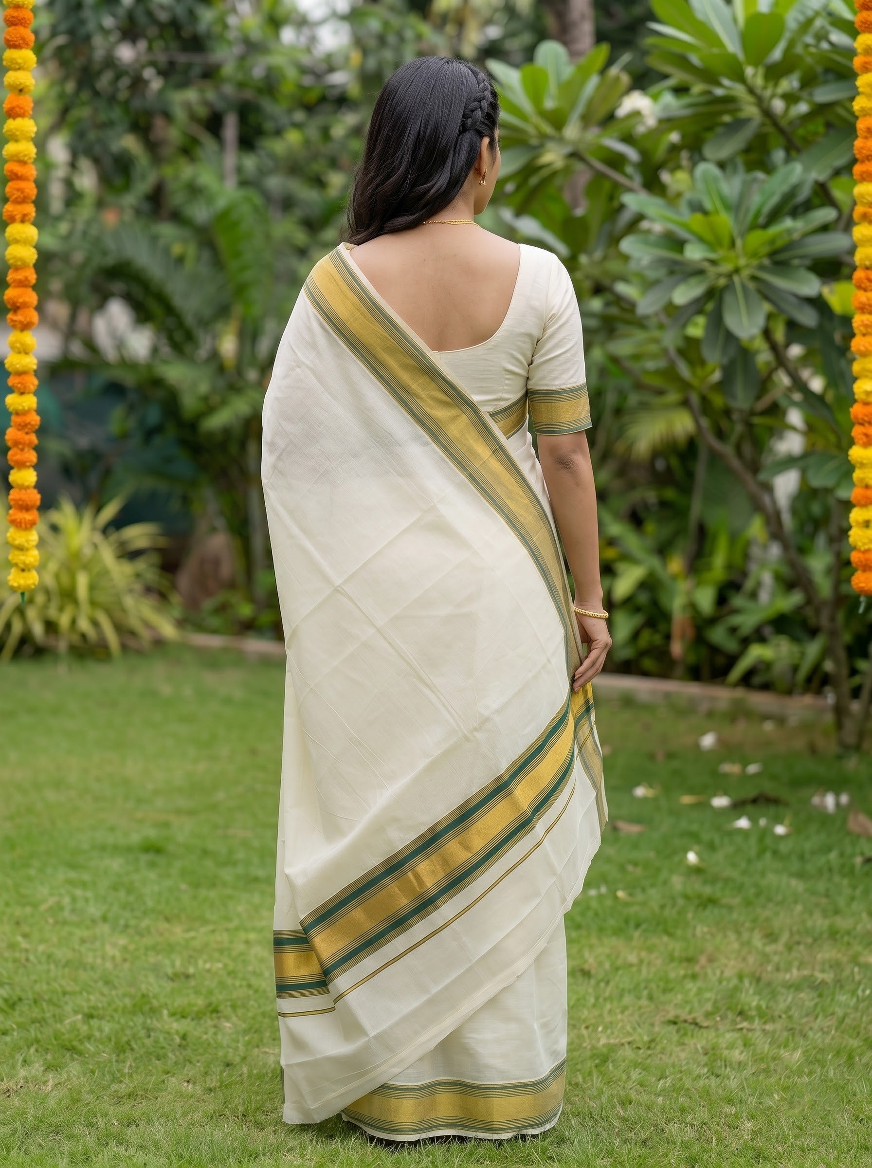 Cotton Cream Plain with Golden Green Striped Border Onam Special Kerala Kasavu Saree