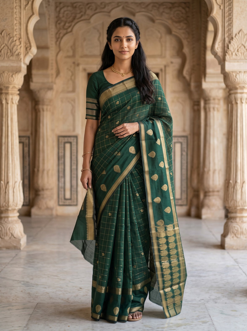 A woman wearing a dark green silk saree with gold zari patterns and a matching green blouse, standing in front of an ornate beige stone archway.