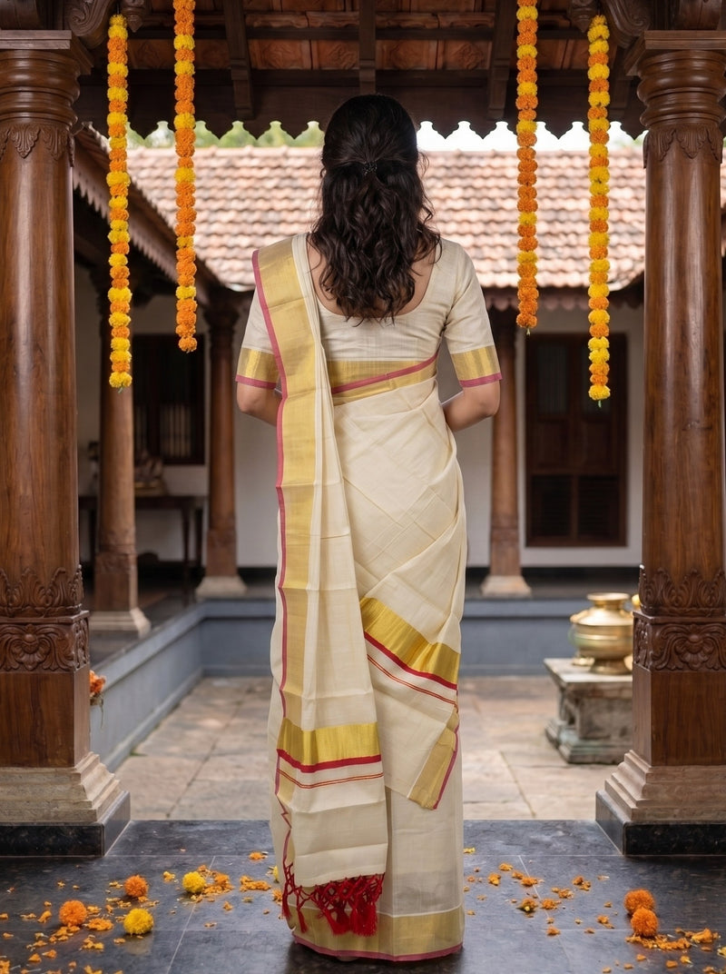 A woman viewed from behind wearing a cream-colored traditional saree with gold and red border details, standing in a courtyard with wooden pillars and hanging orange marigold garlands.