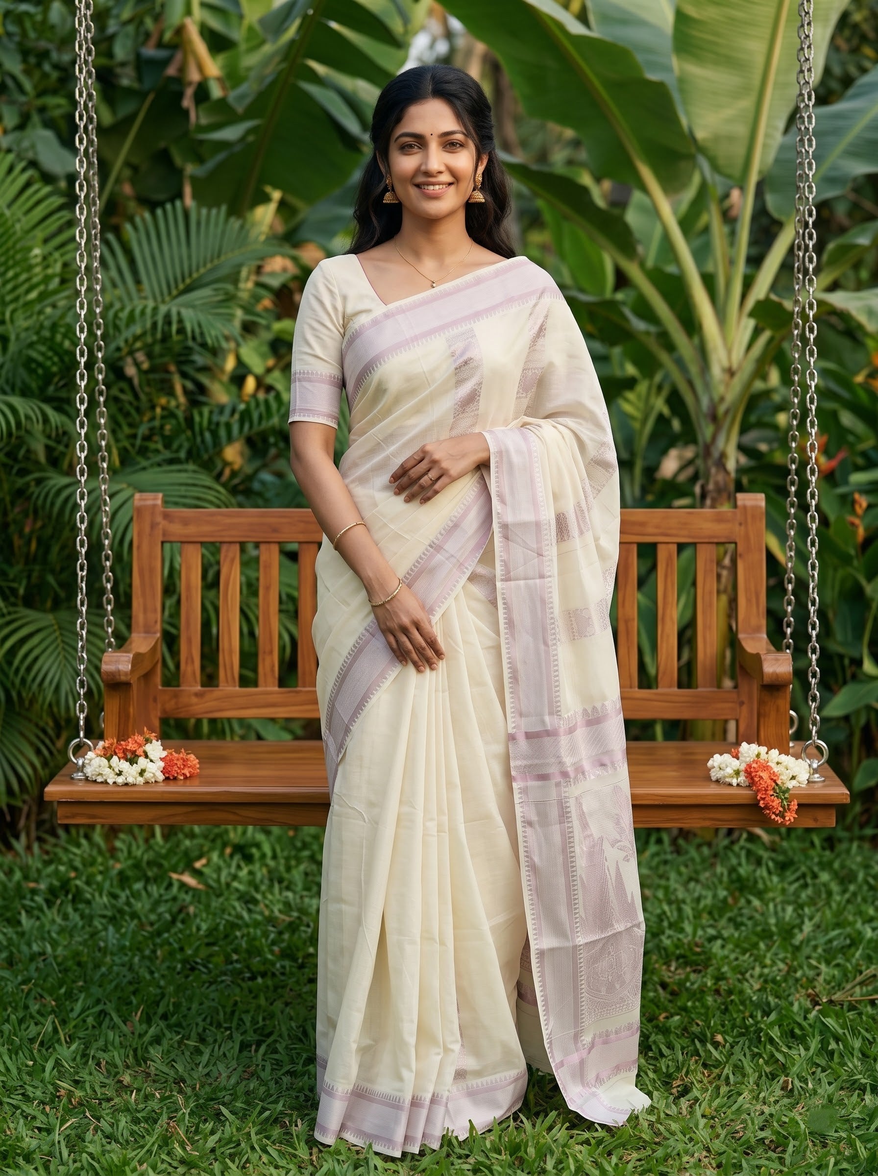 Cotton Cream Mauve Border Layered Pallu Onam Special Kerala Saree