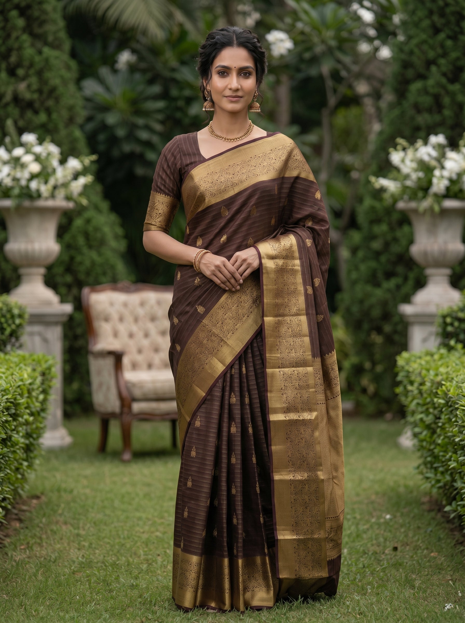 Kanjivaram Silk Brown Saree with Striped Weaving and Rich Border