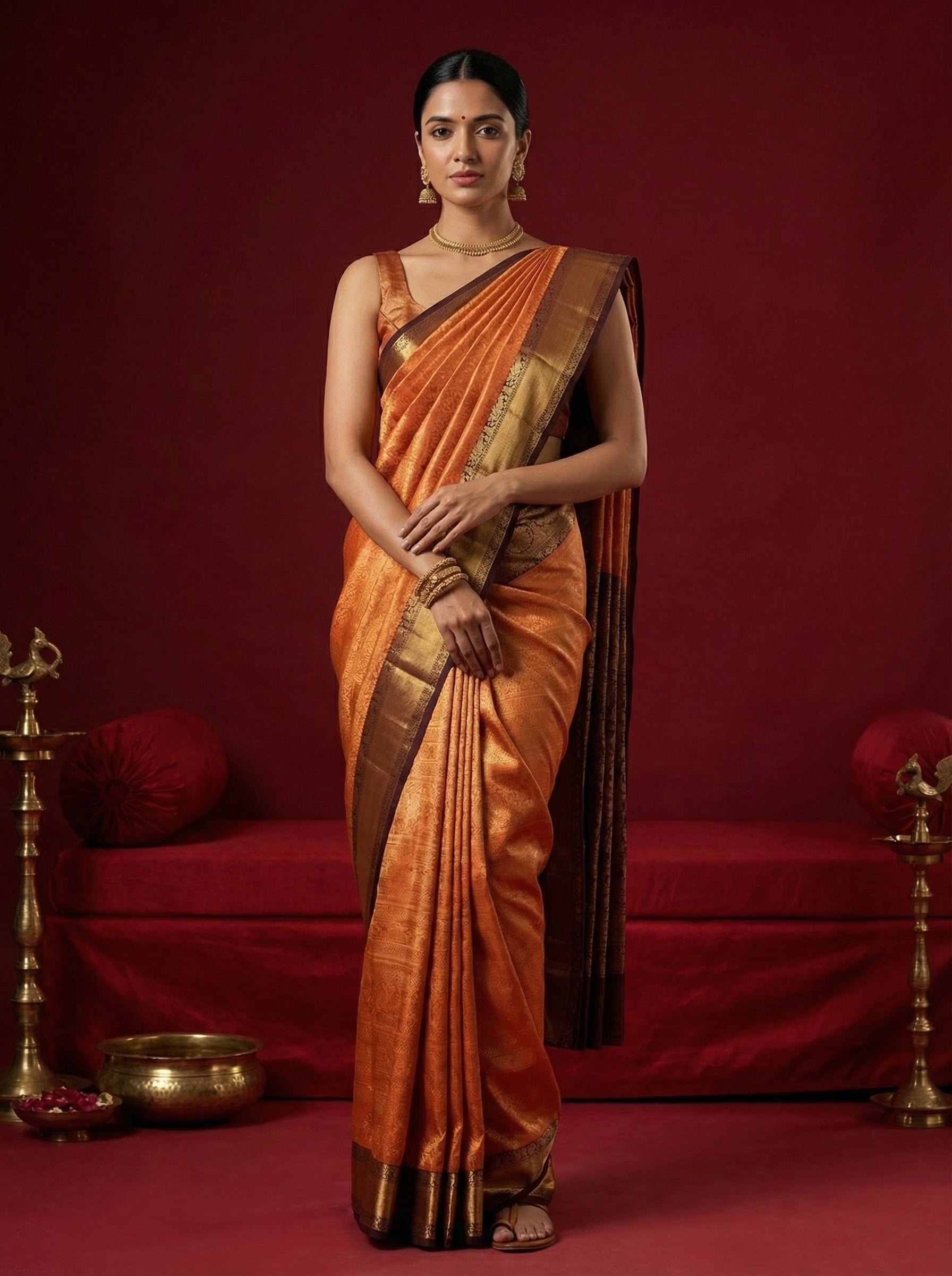 Woman in an orange kanjivaram saree with a red background