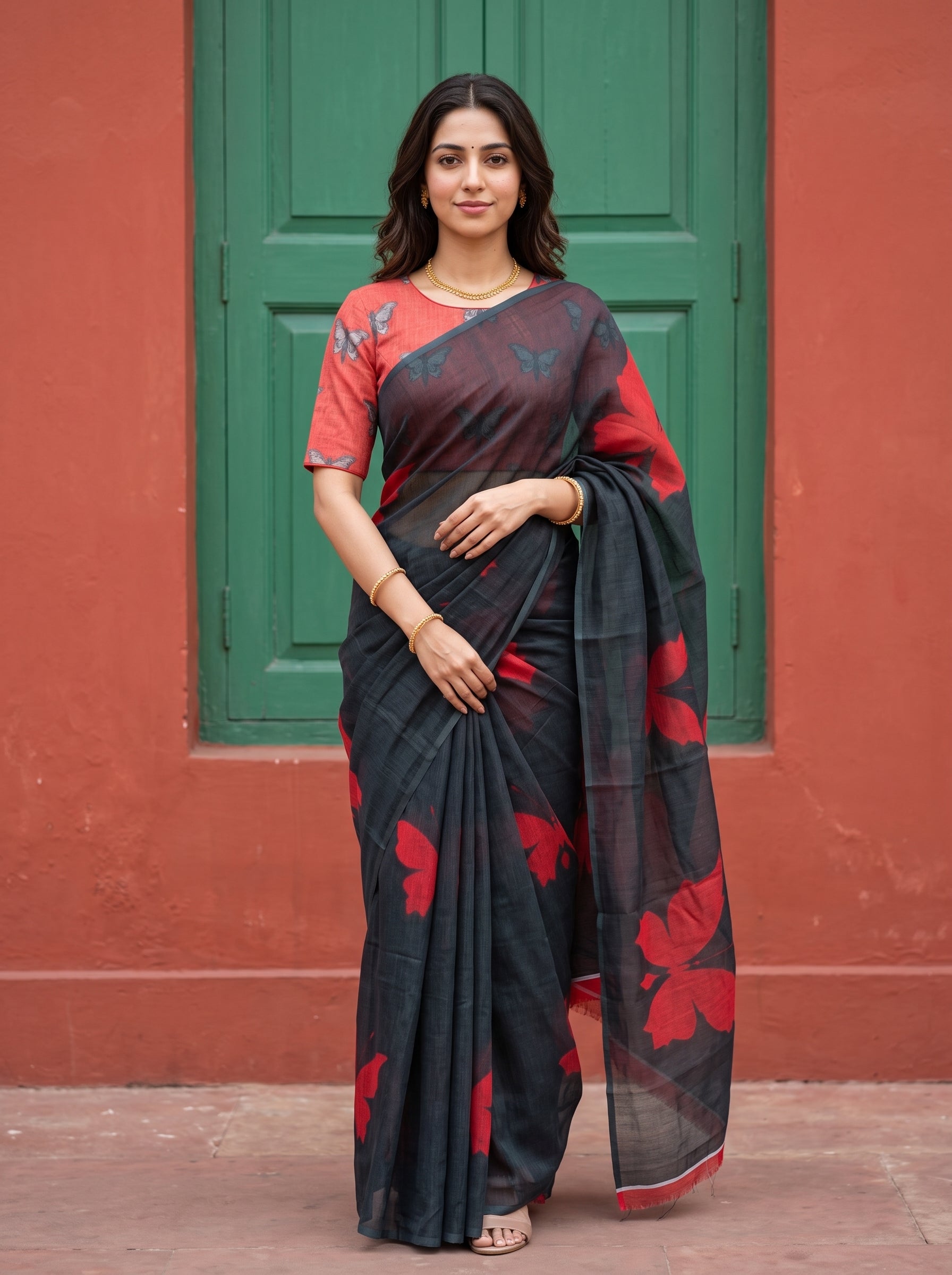 A woman wearing a black and red floral printed saree with a red sleeveless blouse, standing in front of a green door and terracotta wall.
