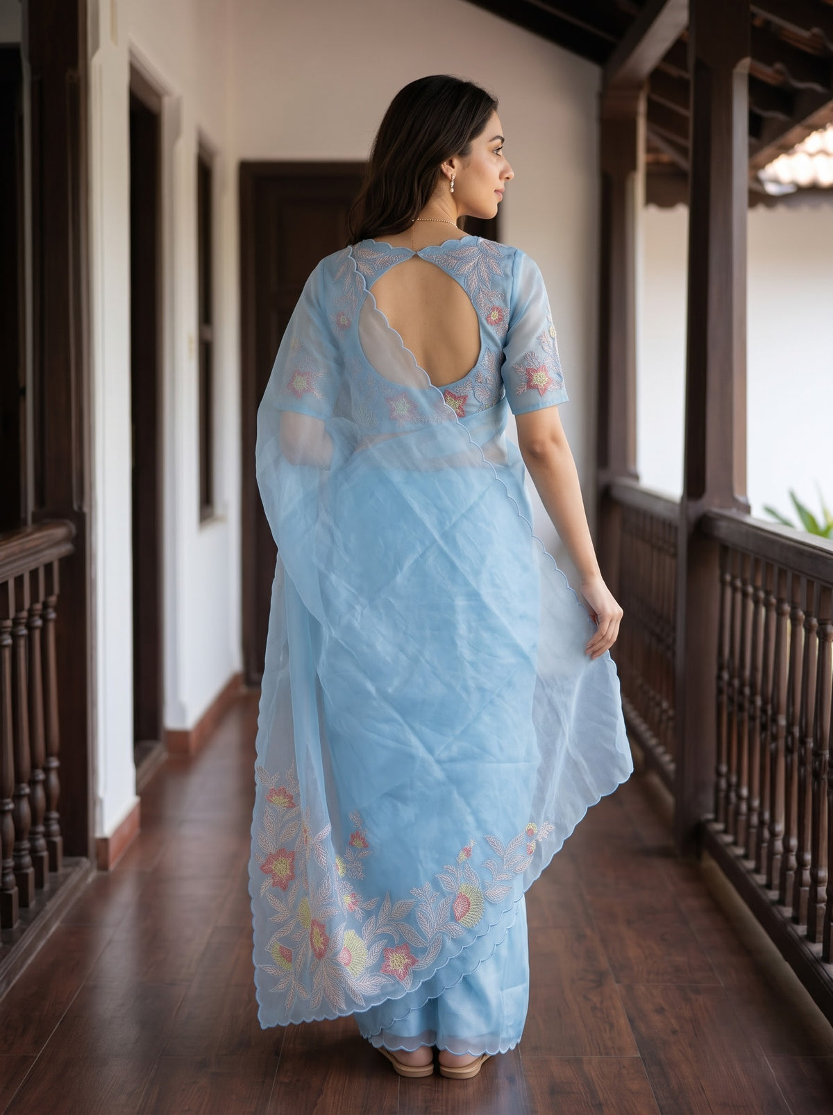 Organza Powder Blue Multicolor Floral Embroidered Saree