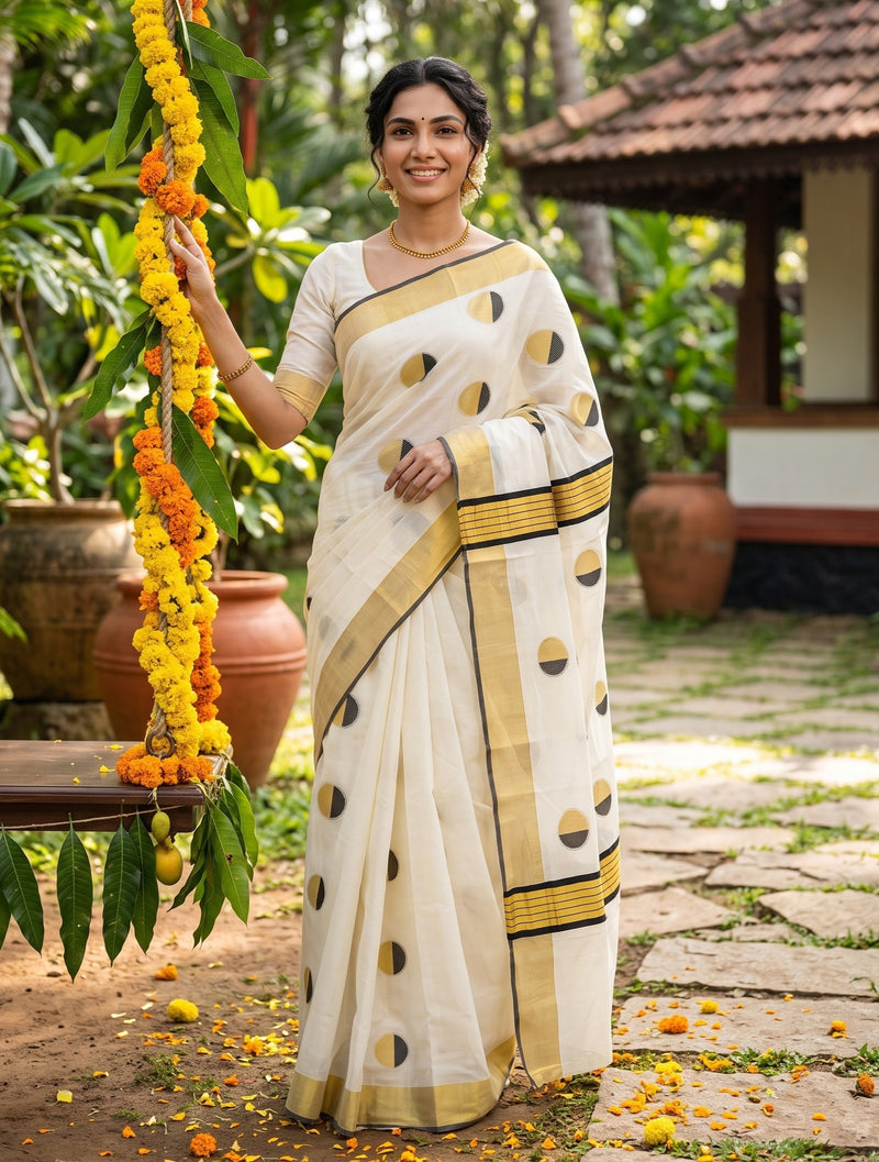 A woman wearing a white silk saree with gold and black geometric patterns stands in an outdoor garden setting next to a hanging garland of yellow marigold flowers.