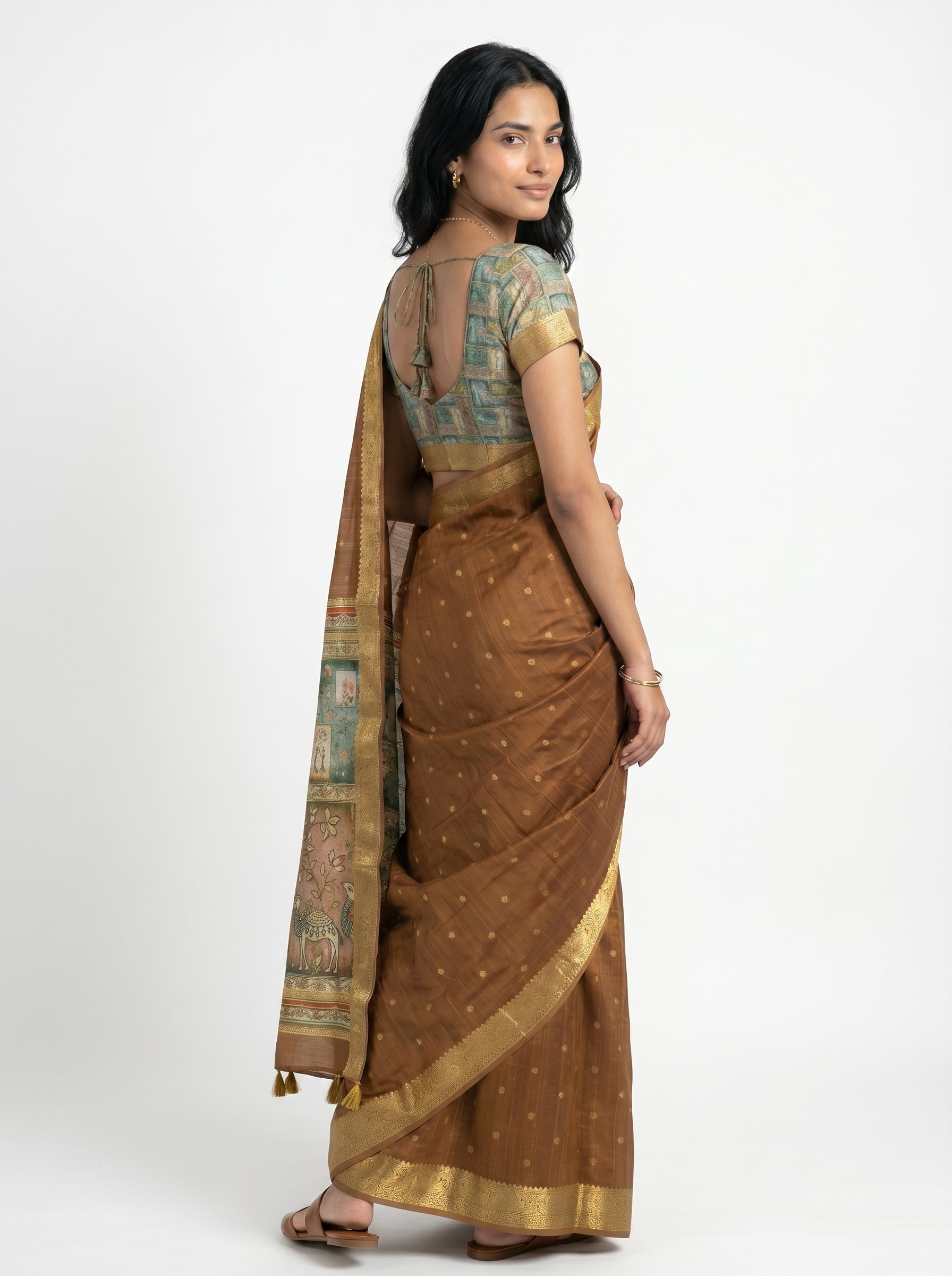 Jute Brown Zari Butta Saree with Kalamkari Pallu