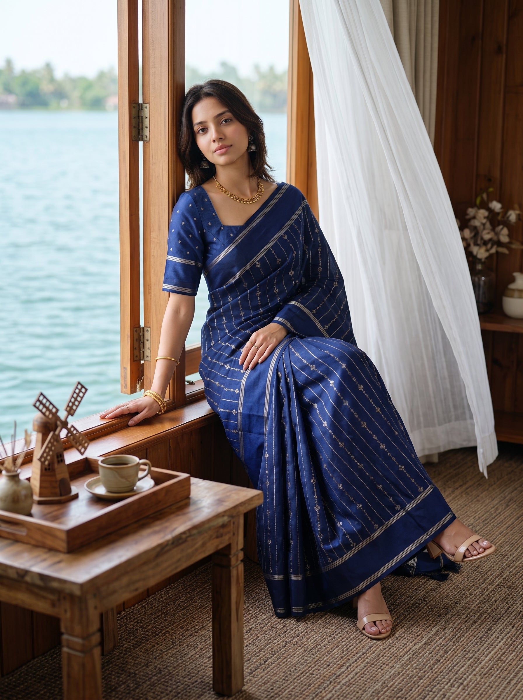 Buy Semi Silk Navy Blue Zari Vine Stripe Saree with Woven Border