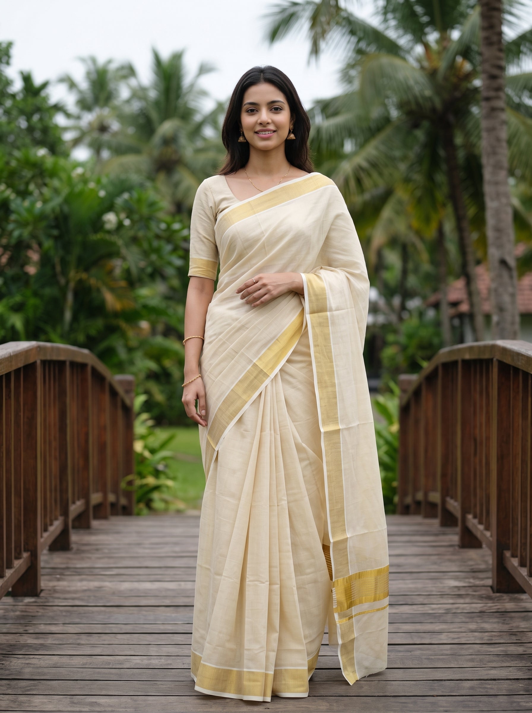 A woman wearing a cream-colored cotton saree with a yellow-gold border and pallu, standing on a wooden bridge with a tropical garden background.