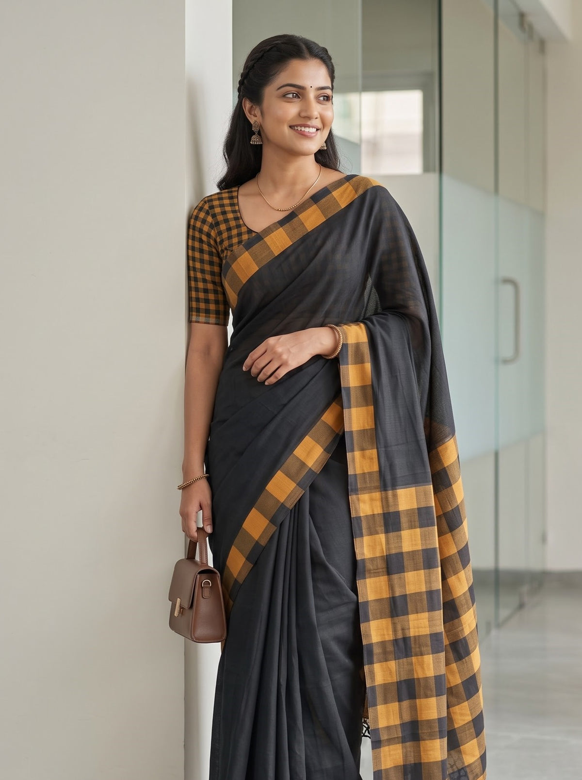 A woman wearing a black and mustard yellow checkered saree with a matching checkered blouse, standing in a modern indoor setting with glass walls.