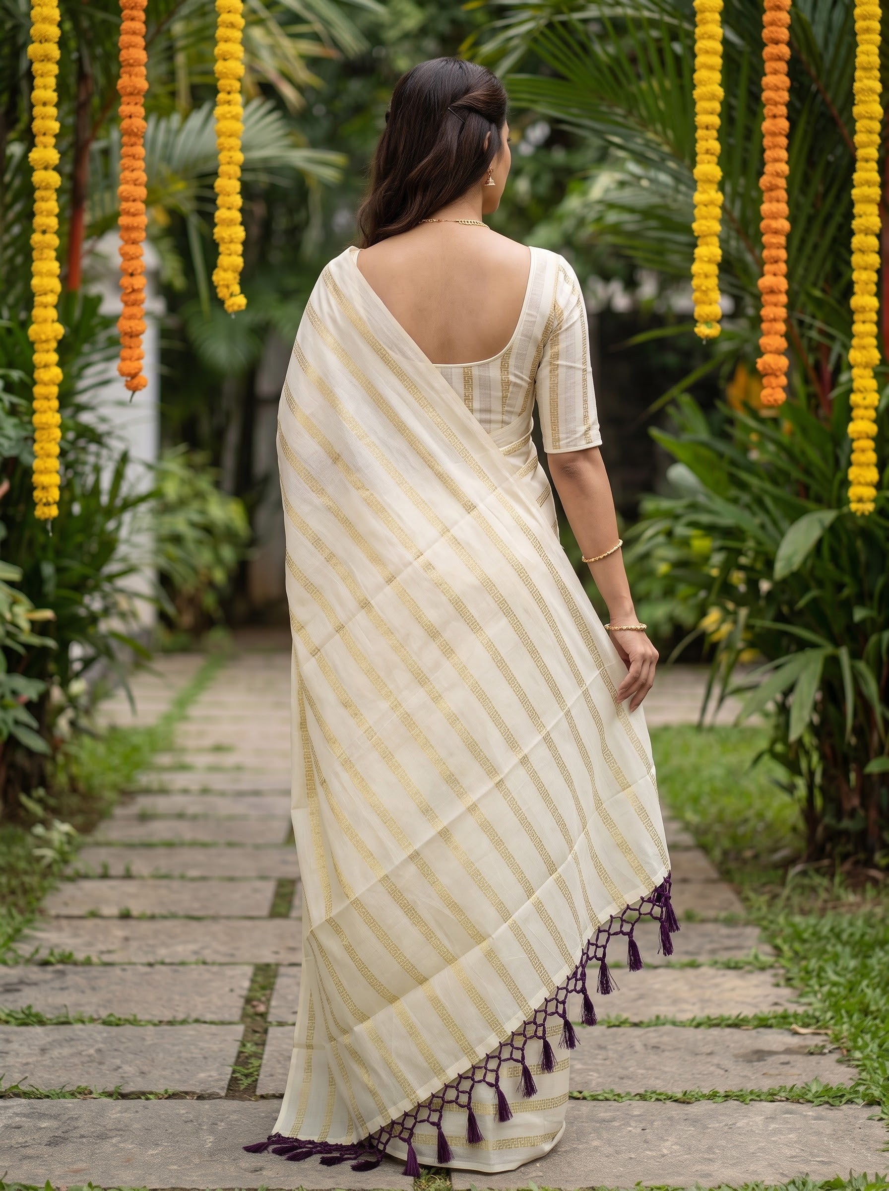 Cotton Cream Golden Greek Key Stripe with Wine Tassels Onam Special Kerala Saree