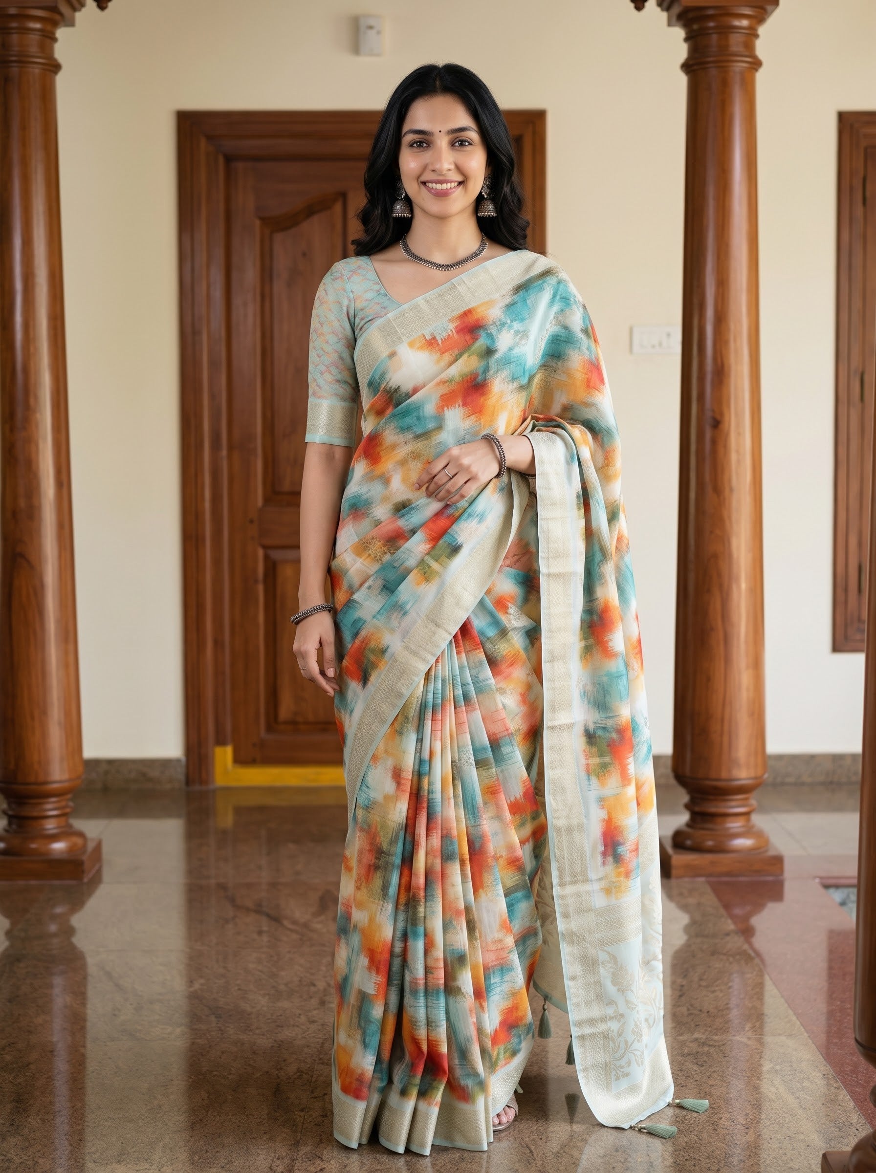 A woman modeling a light sage green saree with a vibrant orange, yellow, and teal tie-dye pattern, standing in a hallway with wooden pillars.