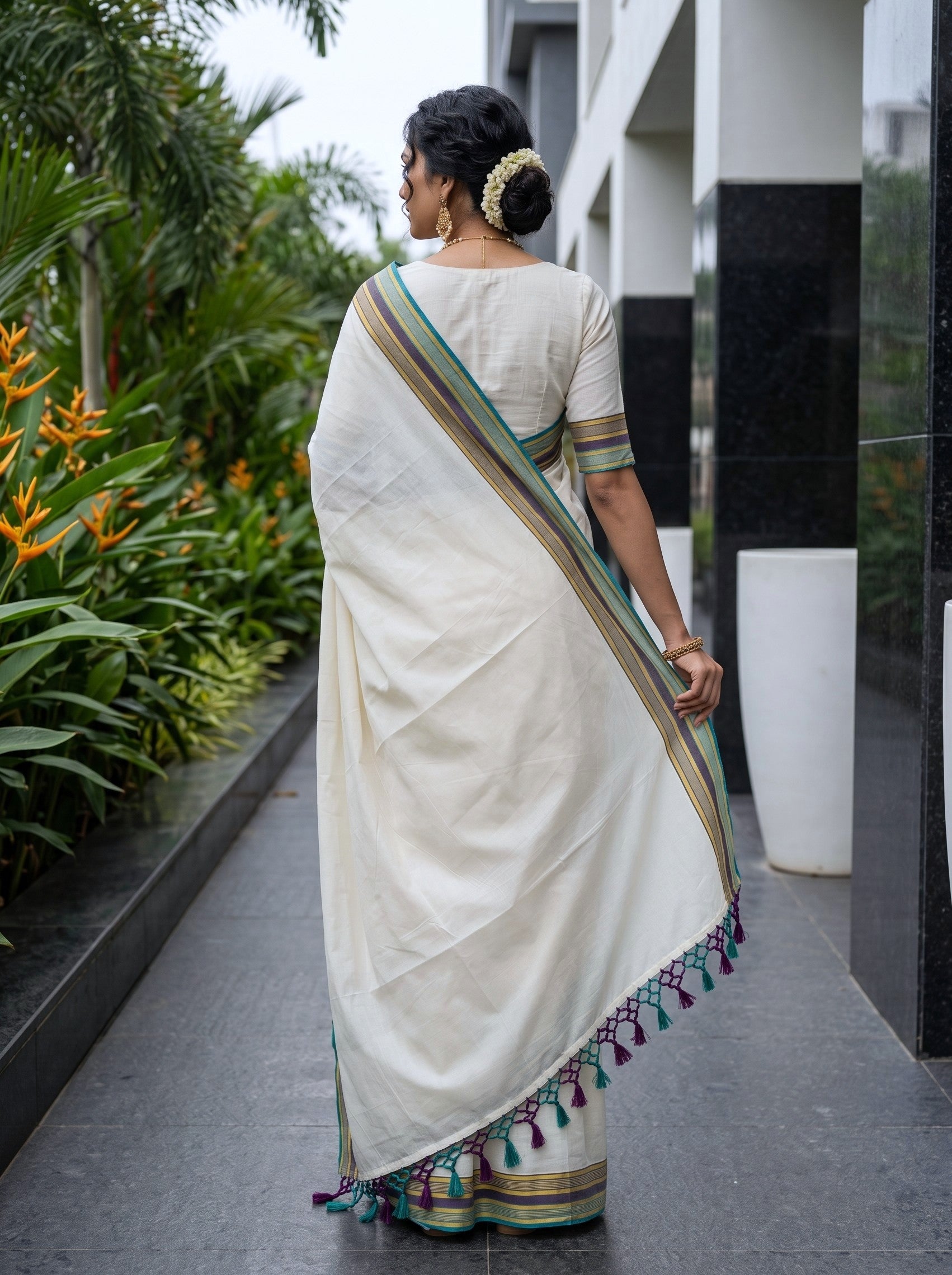 A woman wearing a cream-colored cotton saree with green, gold, and purple borders and tassels, standing in a modern outdoor walkway with green plants on the left.
