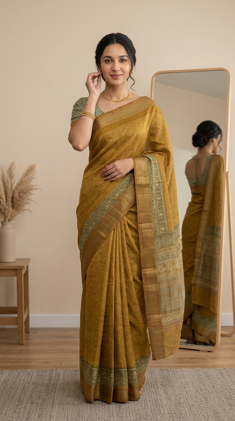 Woman wearing a mustard yellow saree with a mirror reflection in a room.