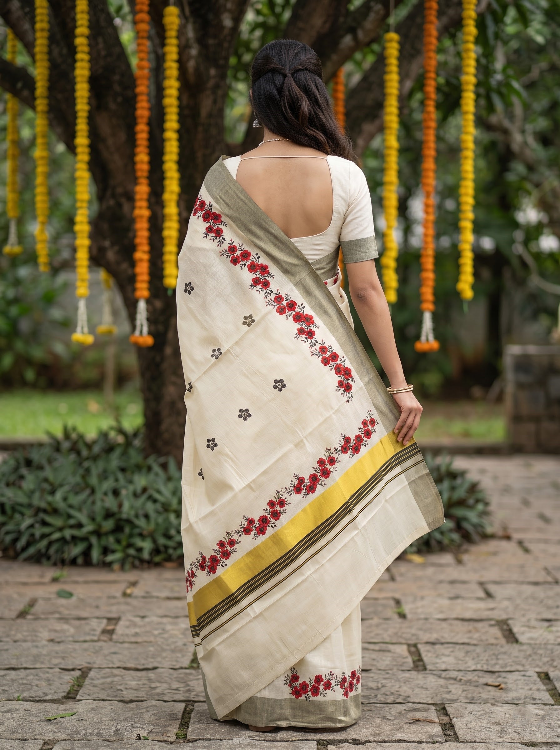 Tissue Golden Cream with Red Floral Print and Olive Border Onam Special Kerala Saree
