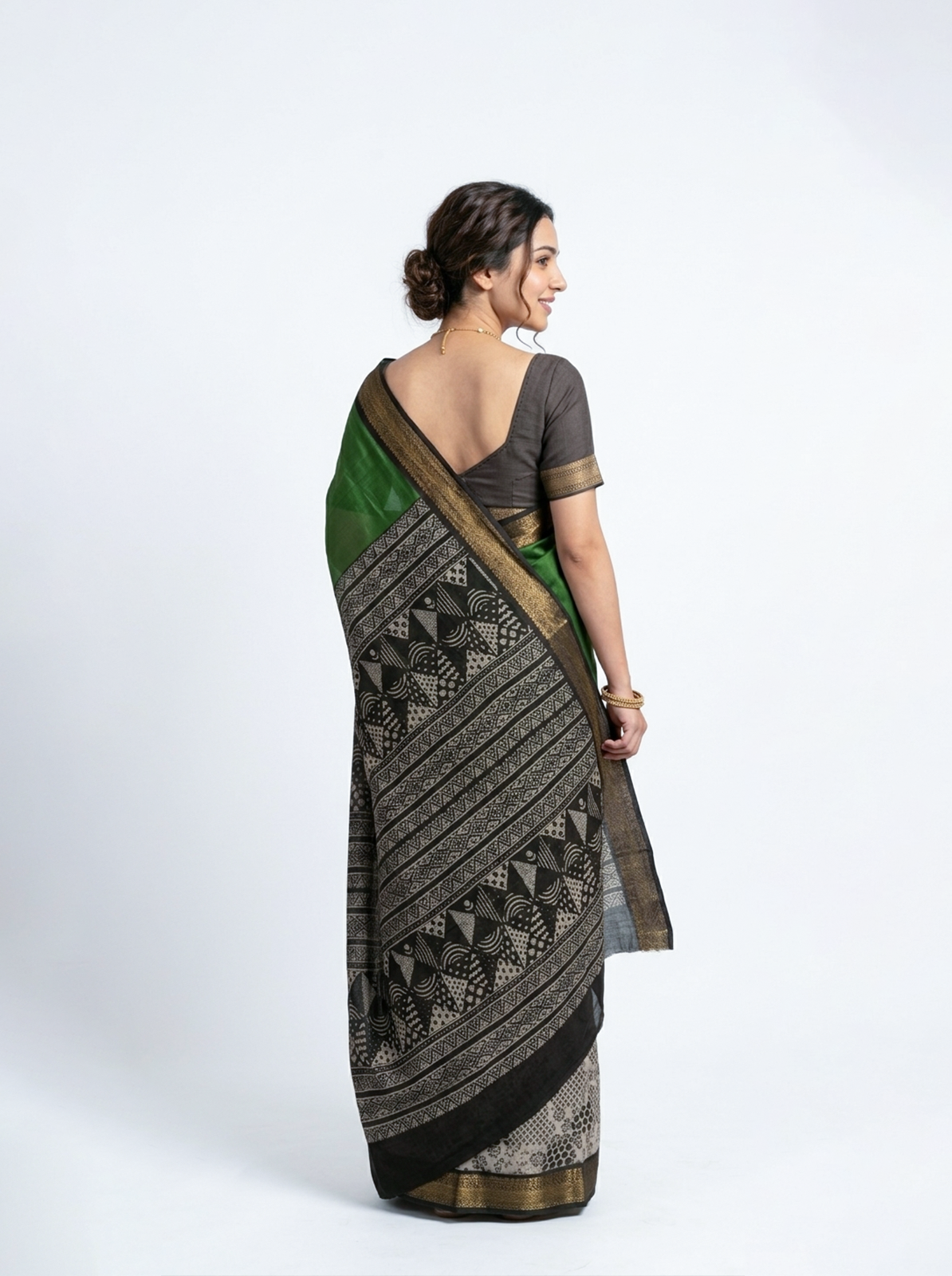 Chanderi Green Black Printed Pallu Saree