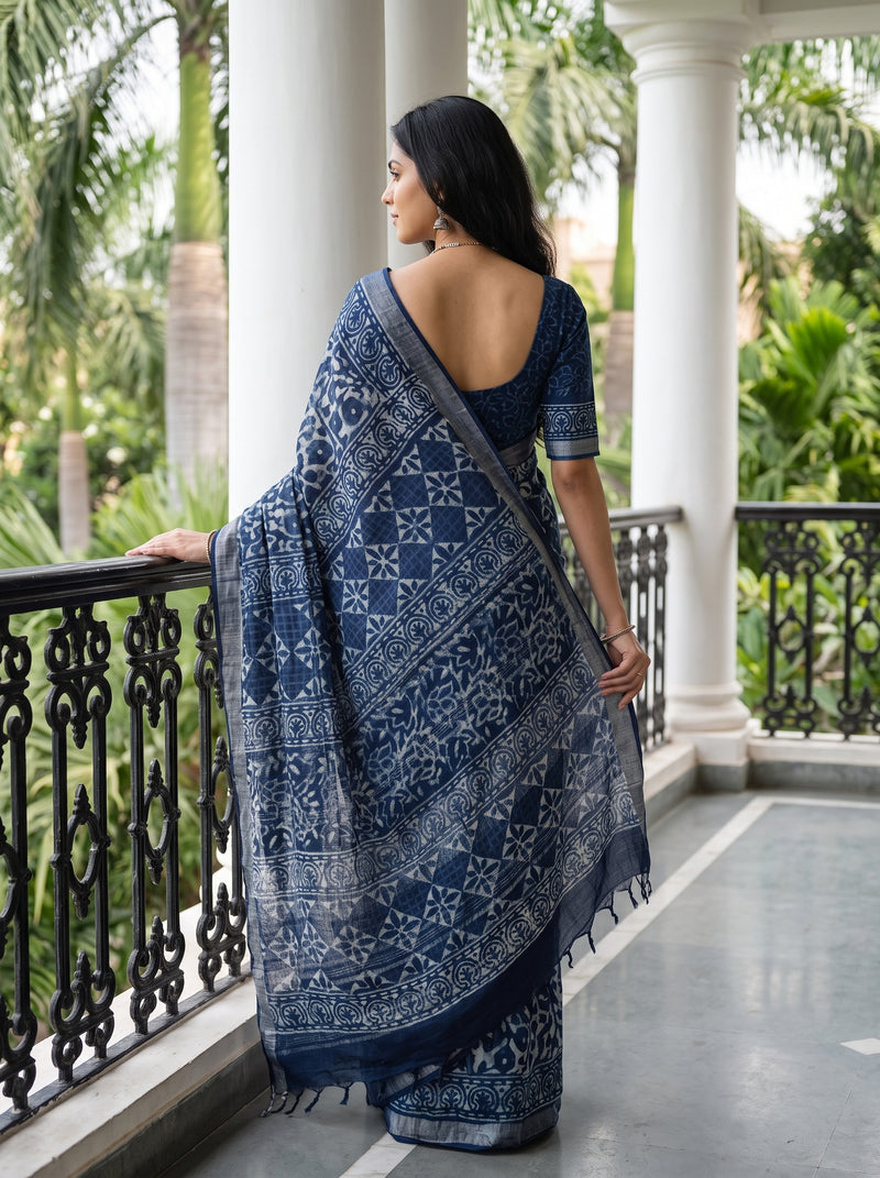 A woman wearing a navy blue and white printed saree stands on a balcony with white pillars and green foliage in the background, shown from the back.