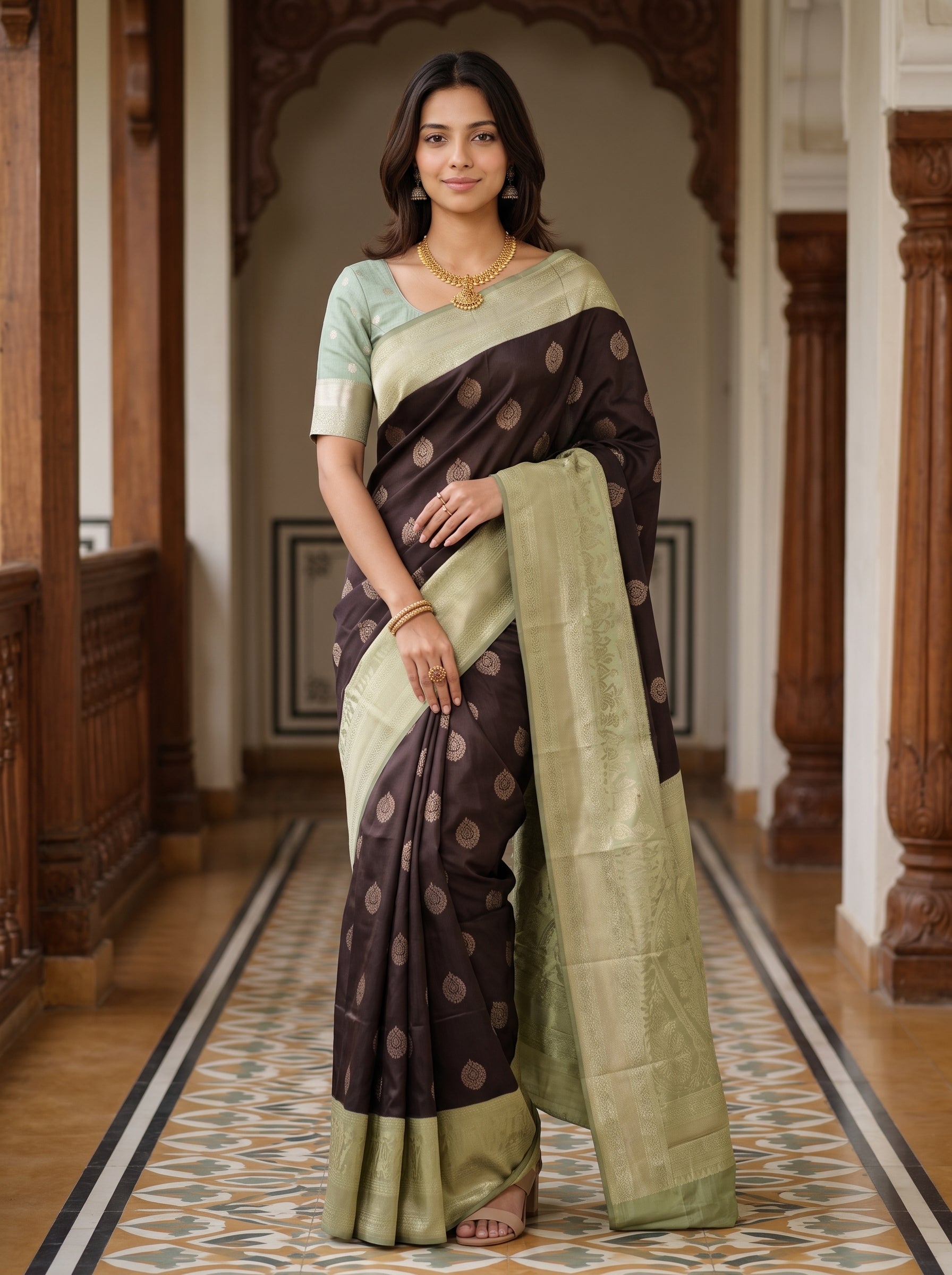 A woman modeling a dark brown and light sage green saree with gold motifs, standing in a traditional corridor with wooden pillars.