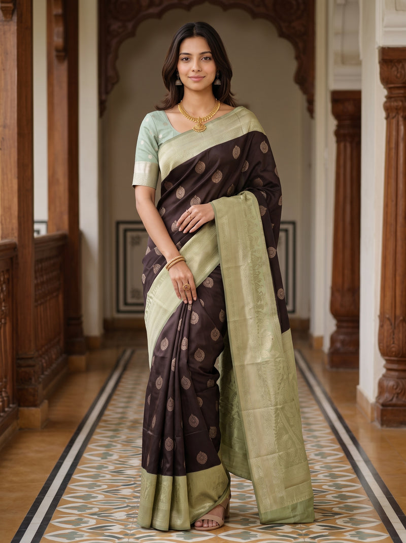 A woman modeling a dark brown and light sage green saree with gold motifs, standing in a traditional corridor with wooden pillars.