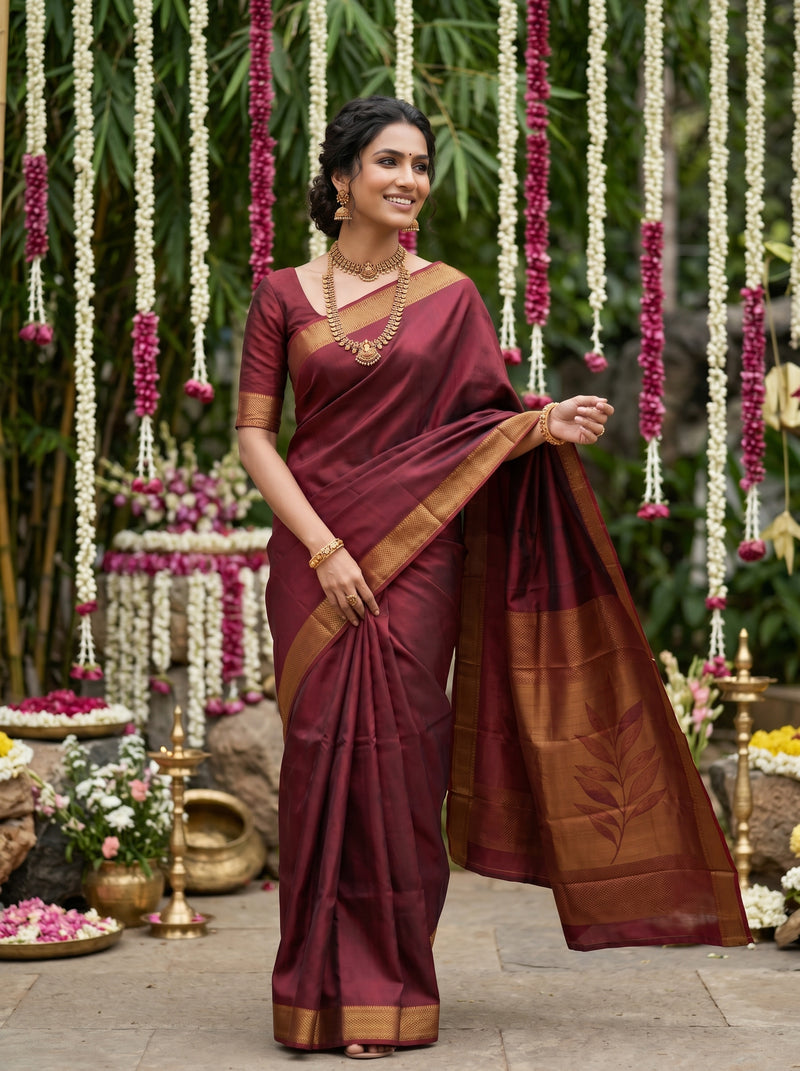 Woman in a maroon saree with gold border standing in front of floral decorations.