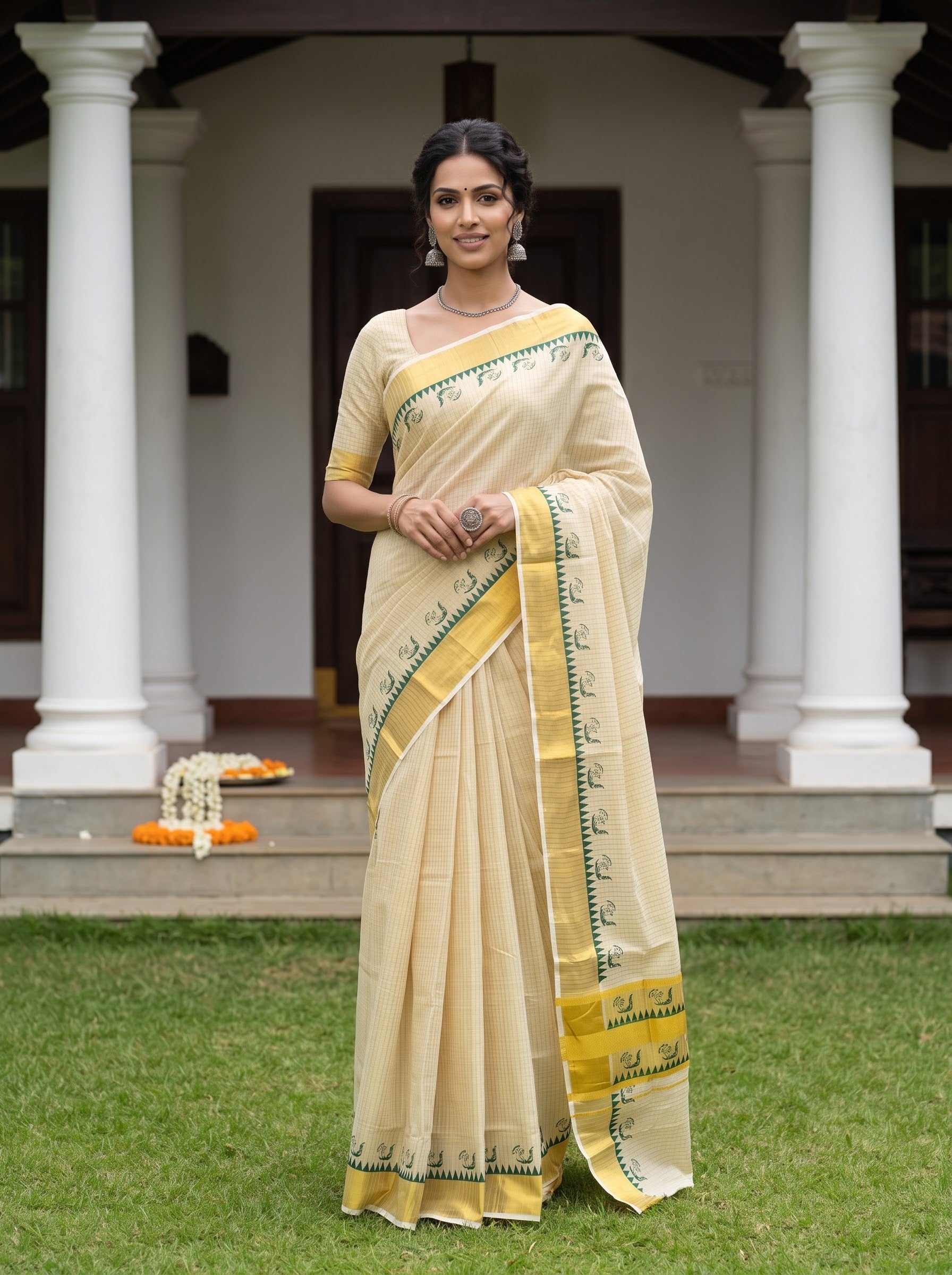 A woman stands outdoors in front of a house with white columns, wearing a light beige saree with yellow and green border details and a matching blouse.