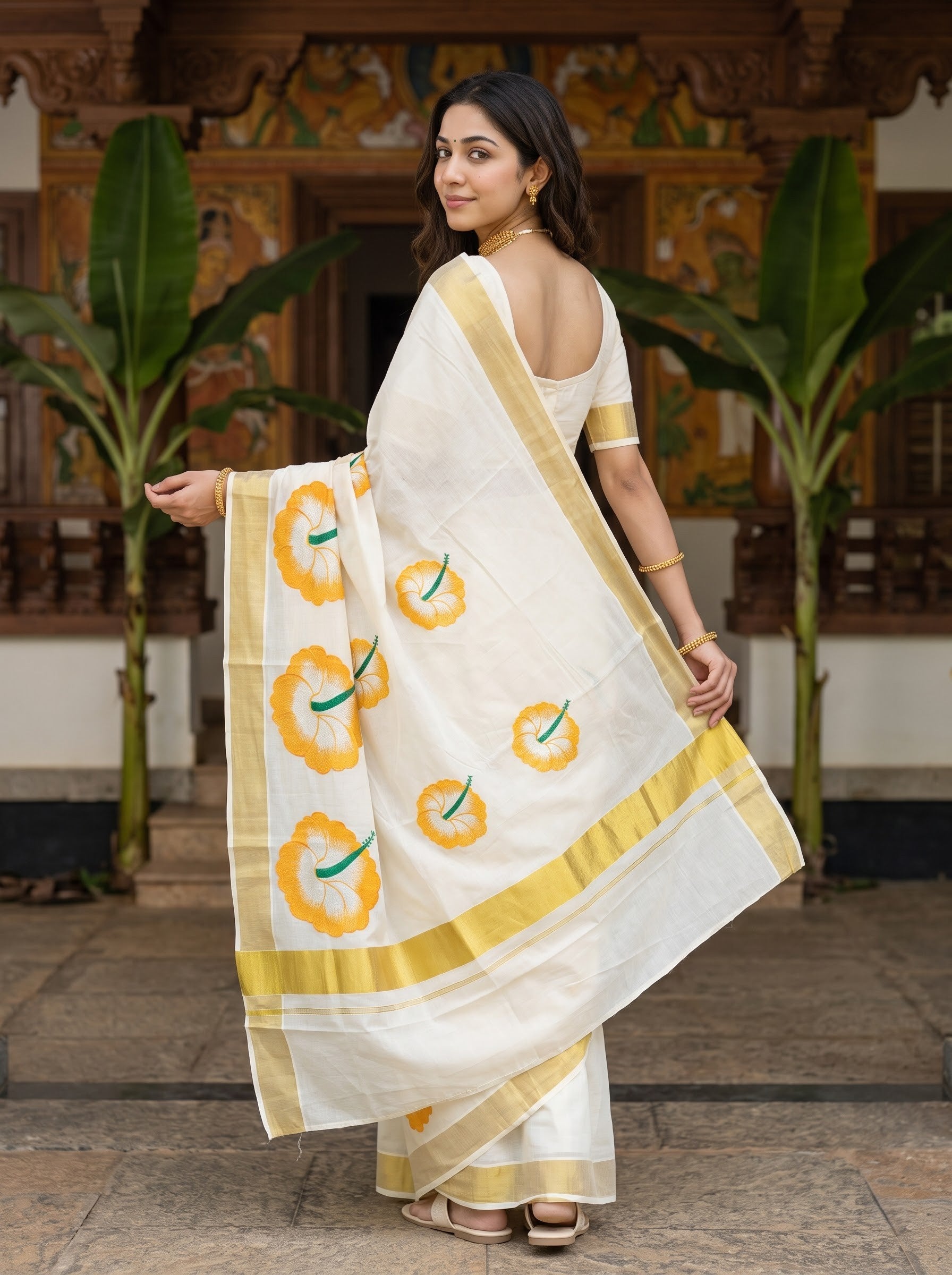 Cotton Off-White Orange Floral Print With Golden Border Onam Special Kerala Saree