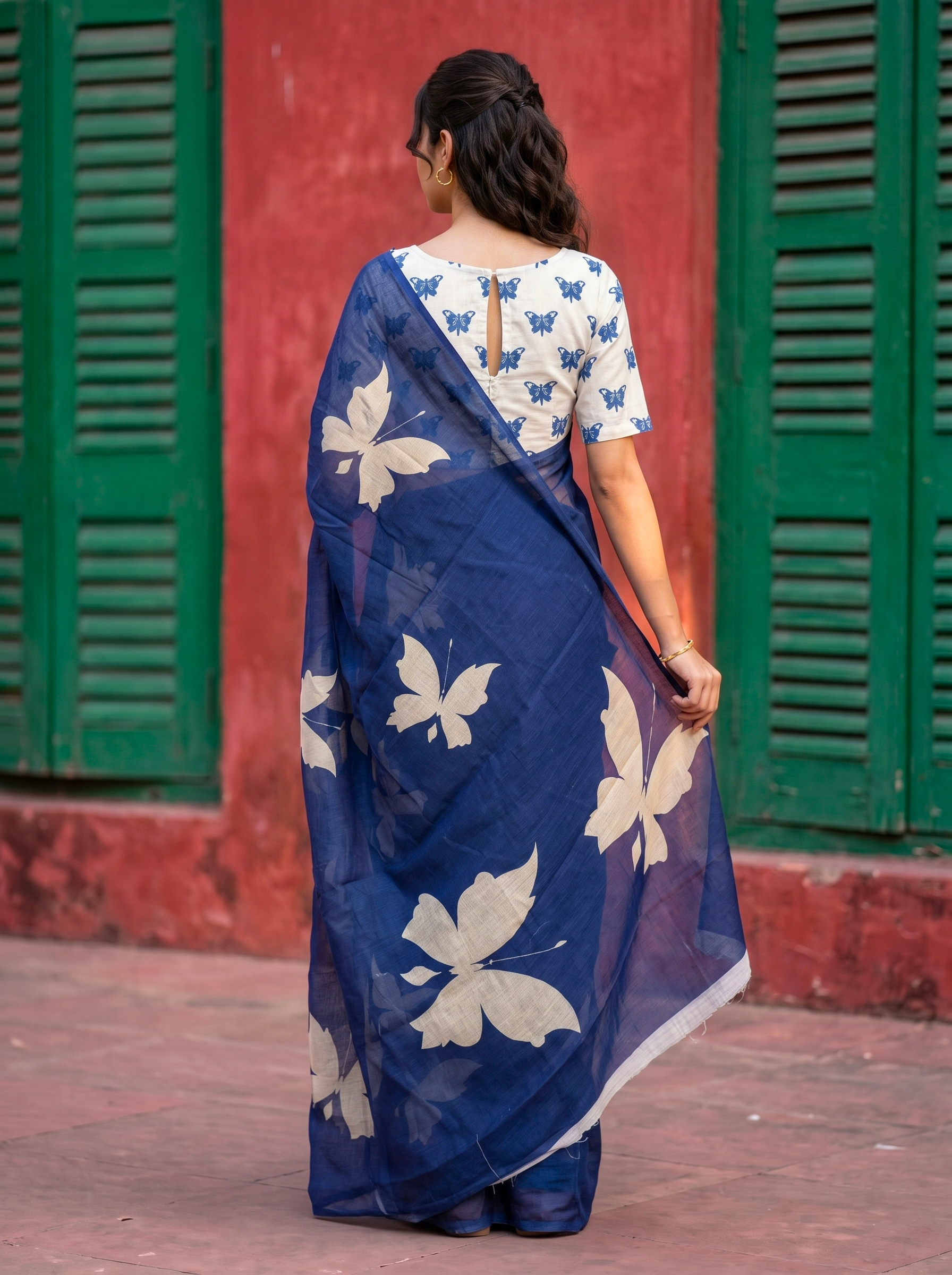 Cotton Navy Blue Saree with White Color Butterfly Print