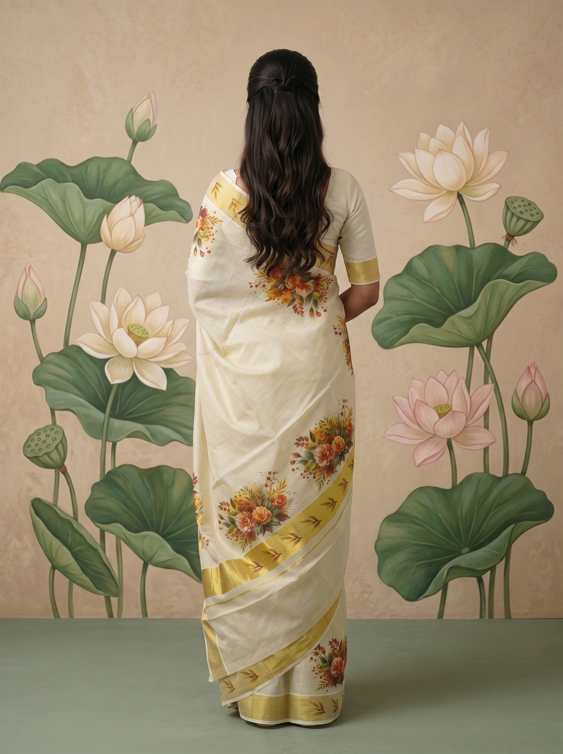 A woman stands with her back to the camera wearing a cream-colored sari with gold borders and lotus floral prints, set against a matching beige wall decorated with large lotus leaves and flowers.