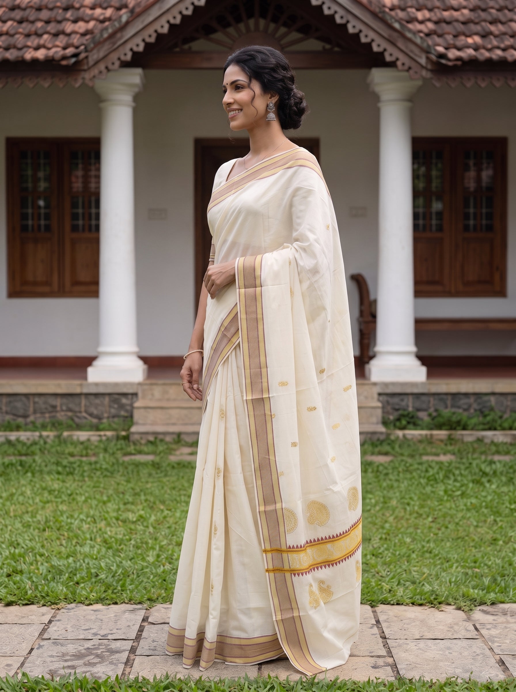 A woman wearing a cream-colored silk saree with gold zari patterns and borders, standing in front of a traditional house with white pillars and a tiled roof.