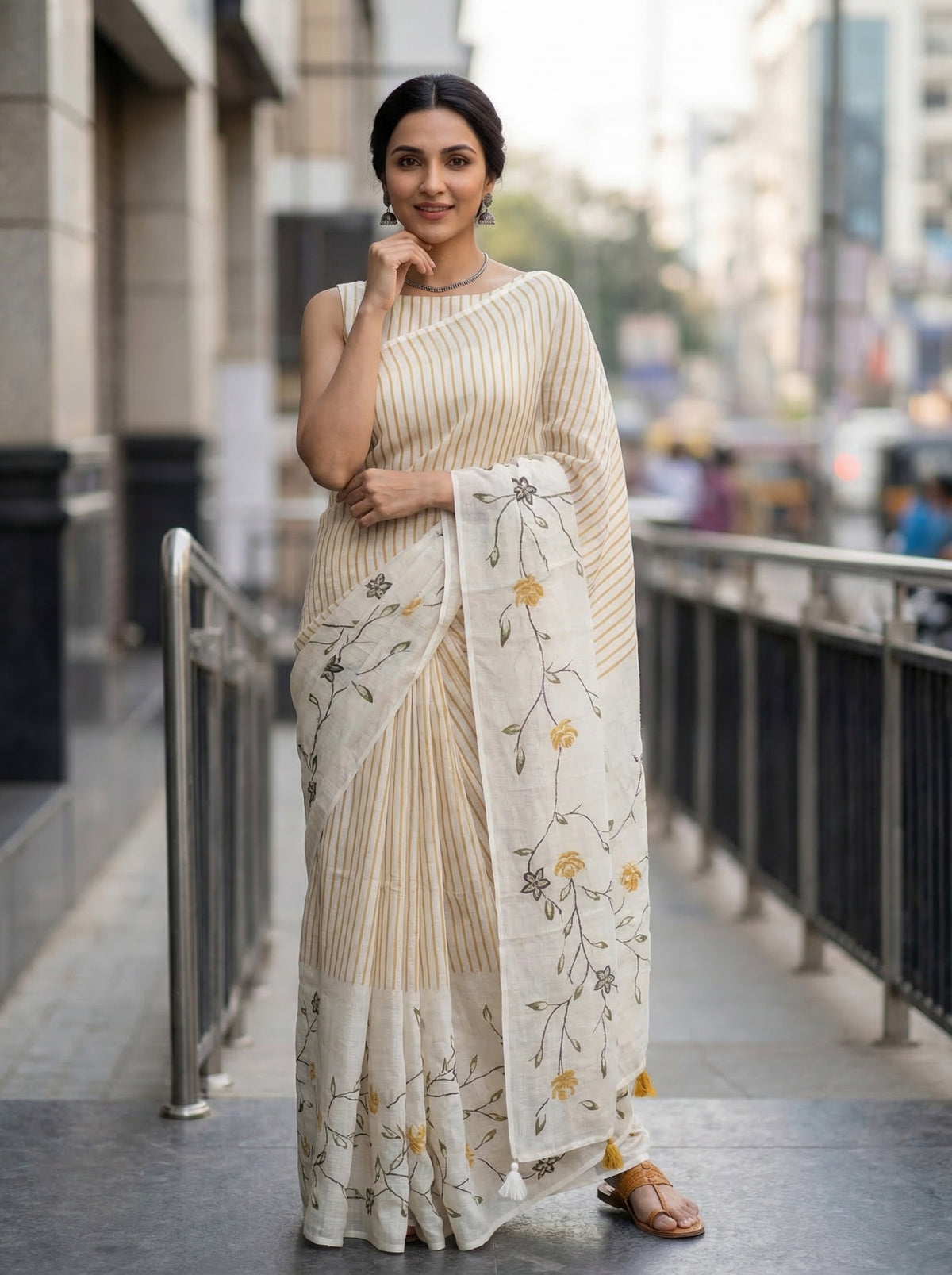 Woman in a Linen cream saree with floral patterns standing on a city street.