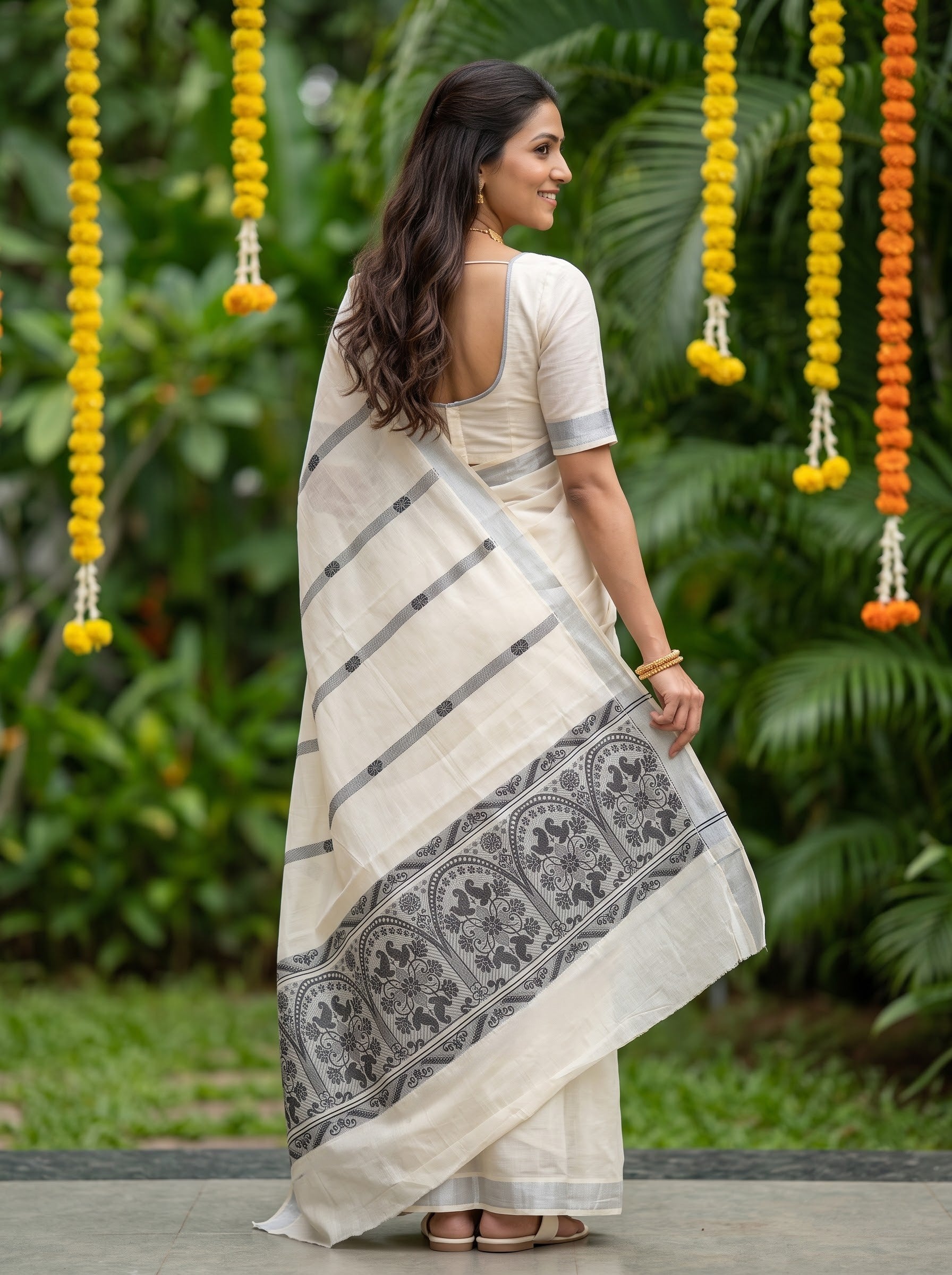 Cotton Off-White Silver Grey Zari Woven With Silver Border Onam Special Kerala Saree