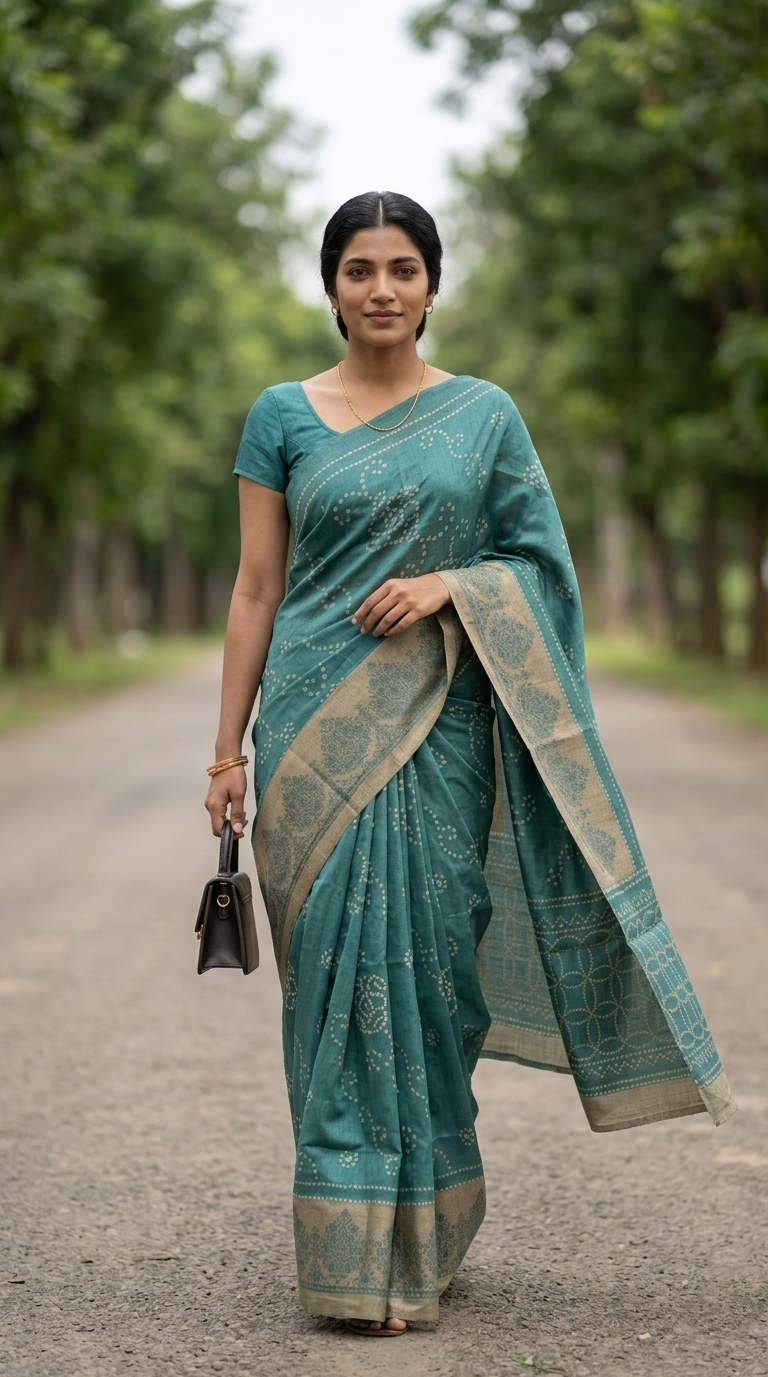 Woman in a teal saree walking on a path with greenery in the background