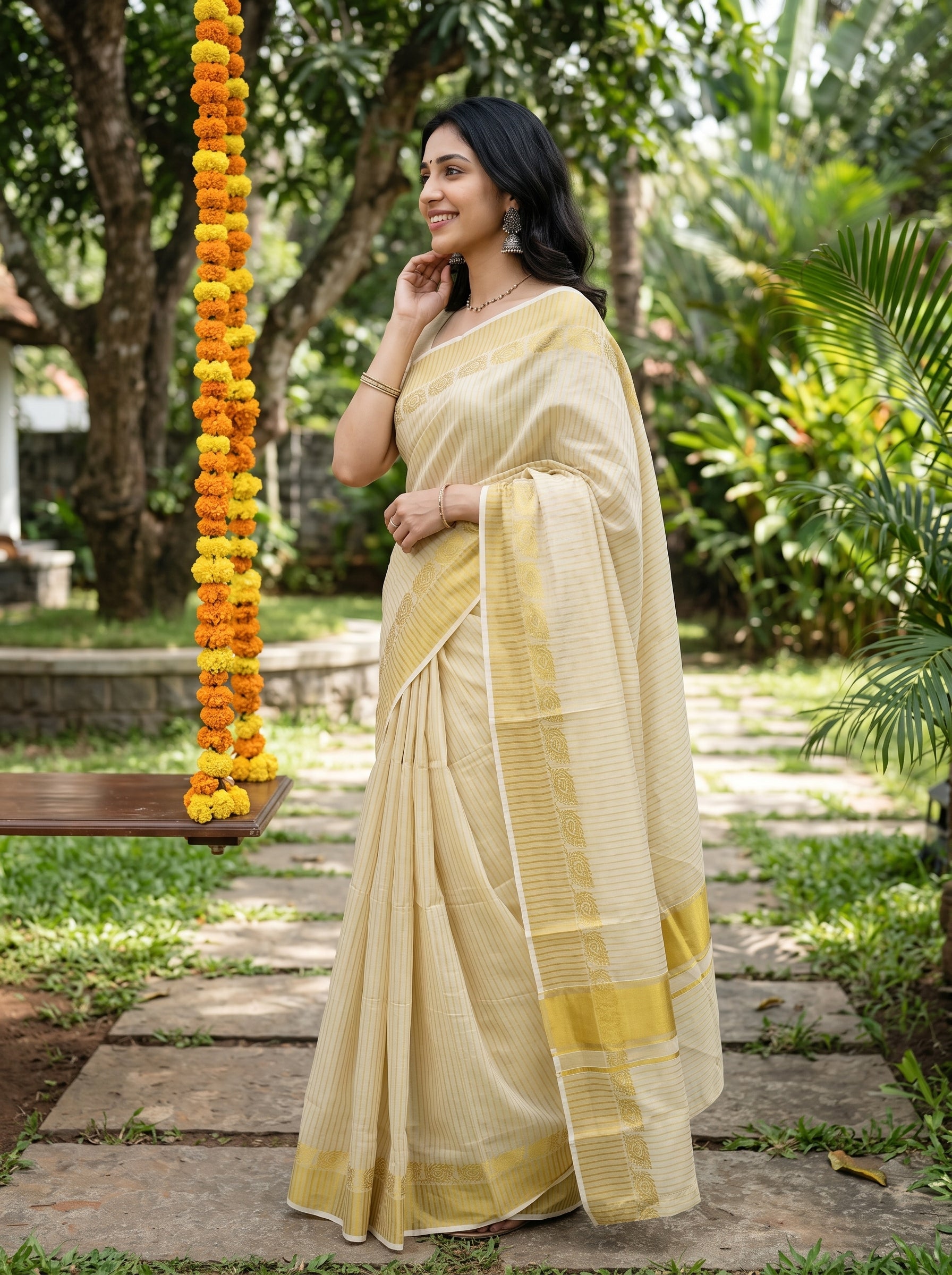 A woman wearing a light beige silk saree with a yellow border stands on a stone path in a lush green garden, next to a hanging marigold swing.