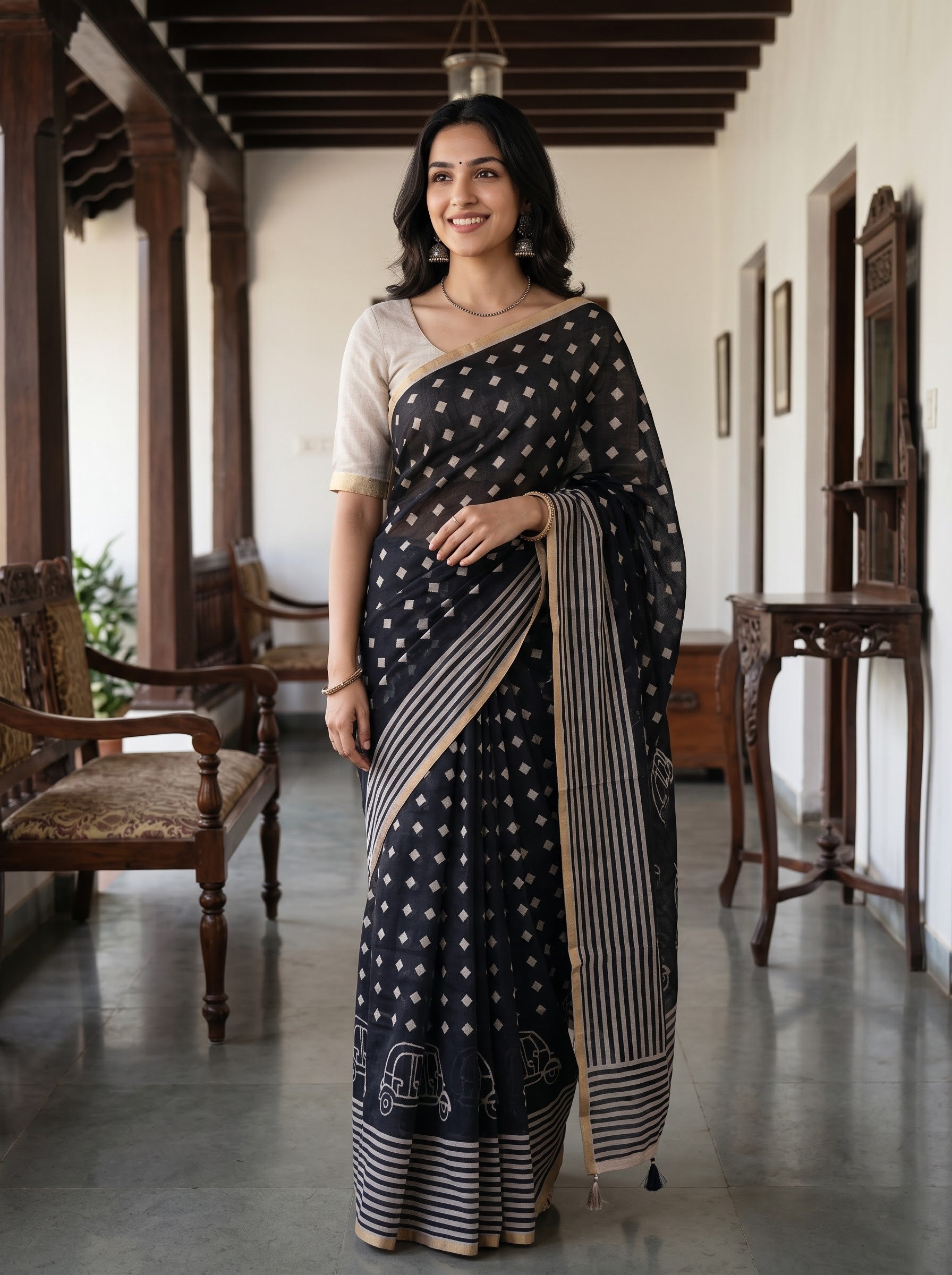 A woman modeling a black and white printed saree with a white blouse, standing in a traditional indoor hallway with wooden pillars and furniture.