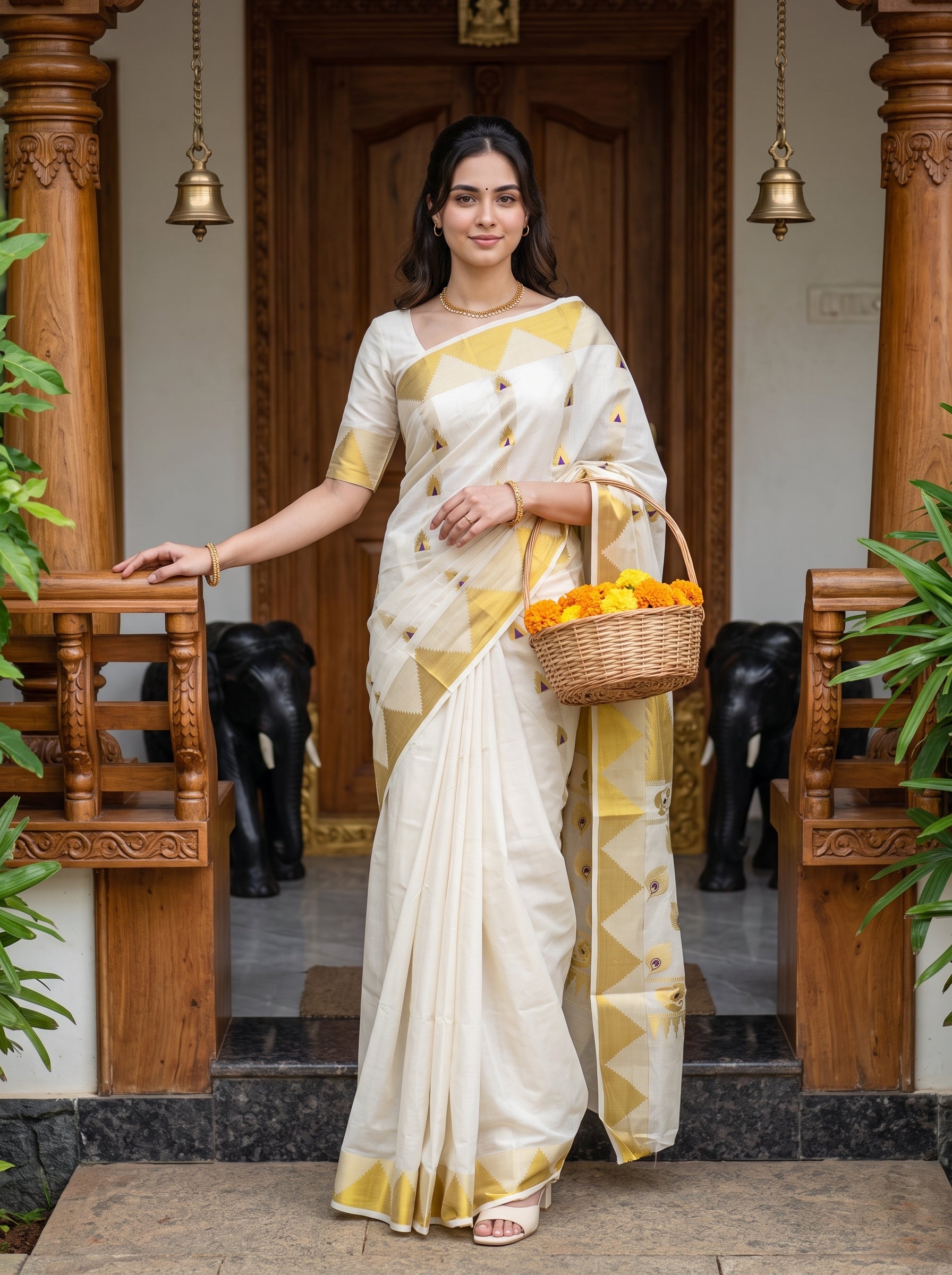 A woman wearing a cream and yellow patterned saree stands in front of a traditional wooden doorway, holding a basket of orange flowers.