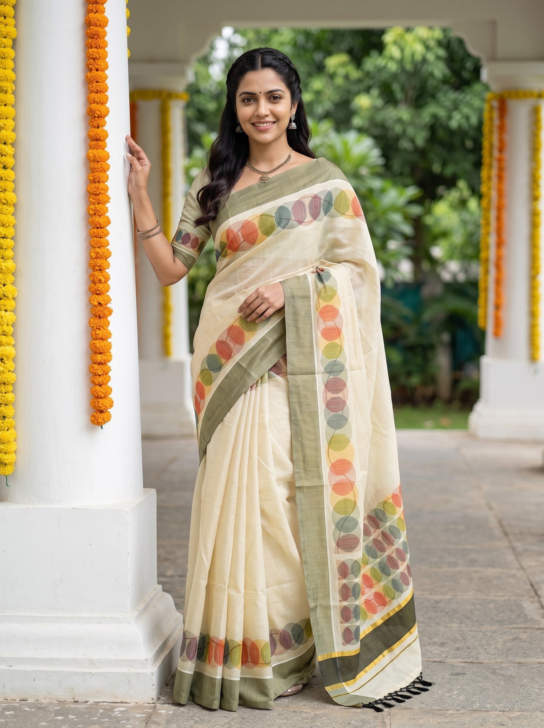 Tissue Cream Multicolor Circle Print With Black Tassels Onam Special Kerala Saree