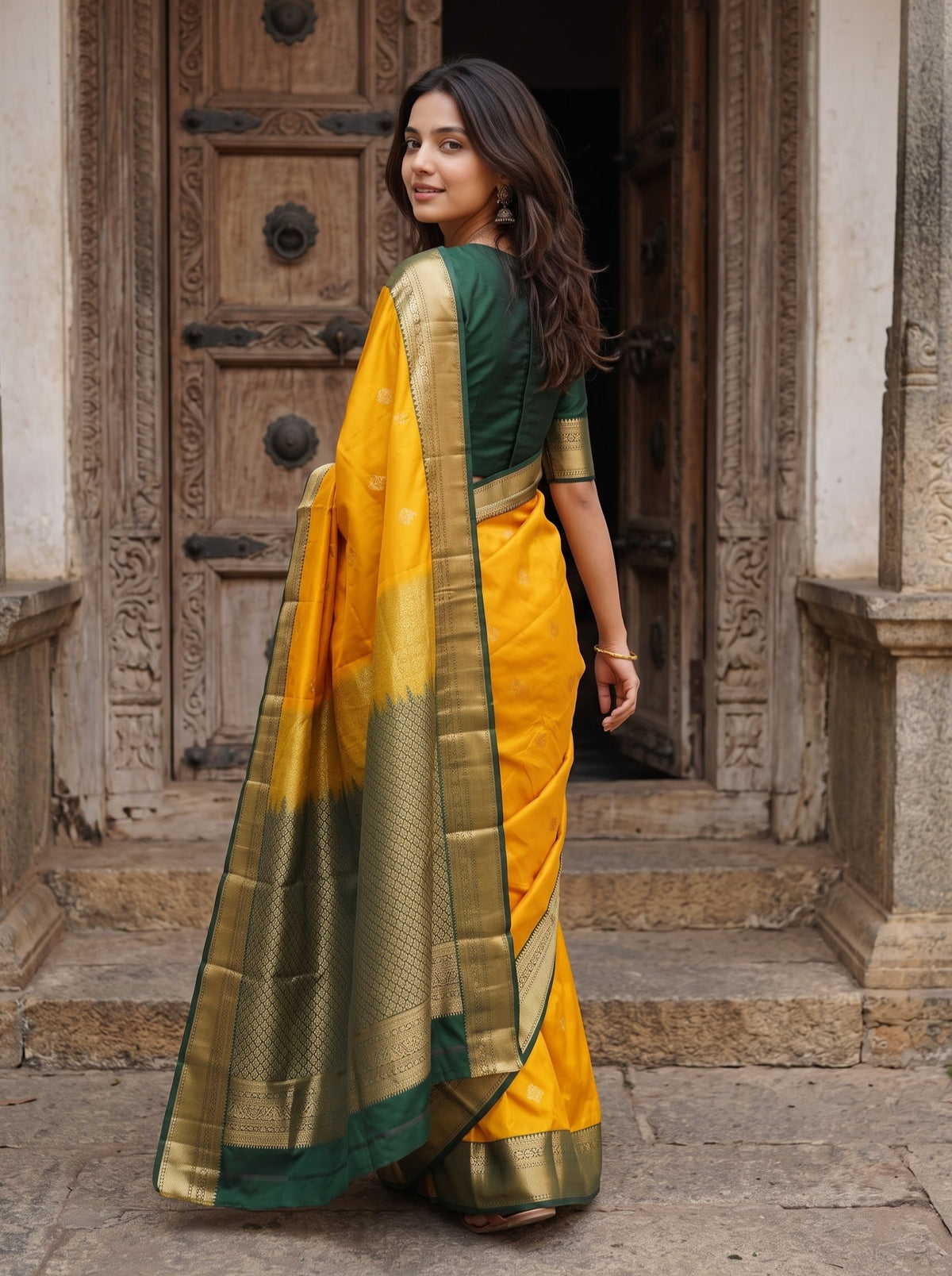 Semi Silk Mustard Saree with Contrast Green Zari Pallu and Wide Border