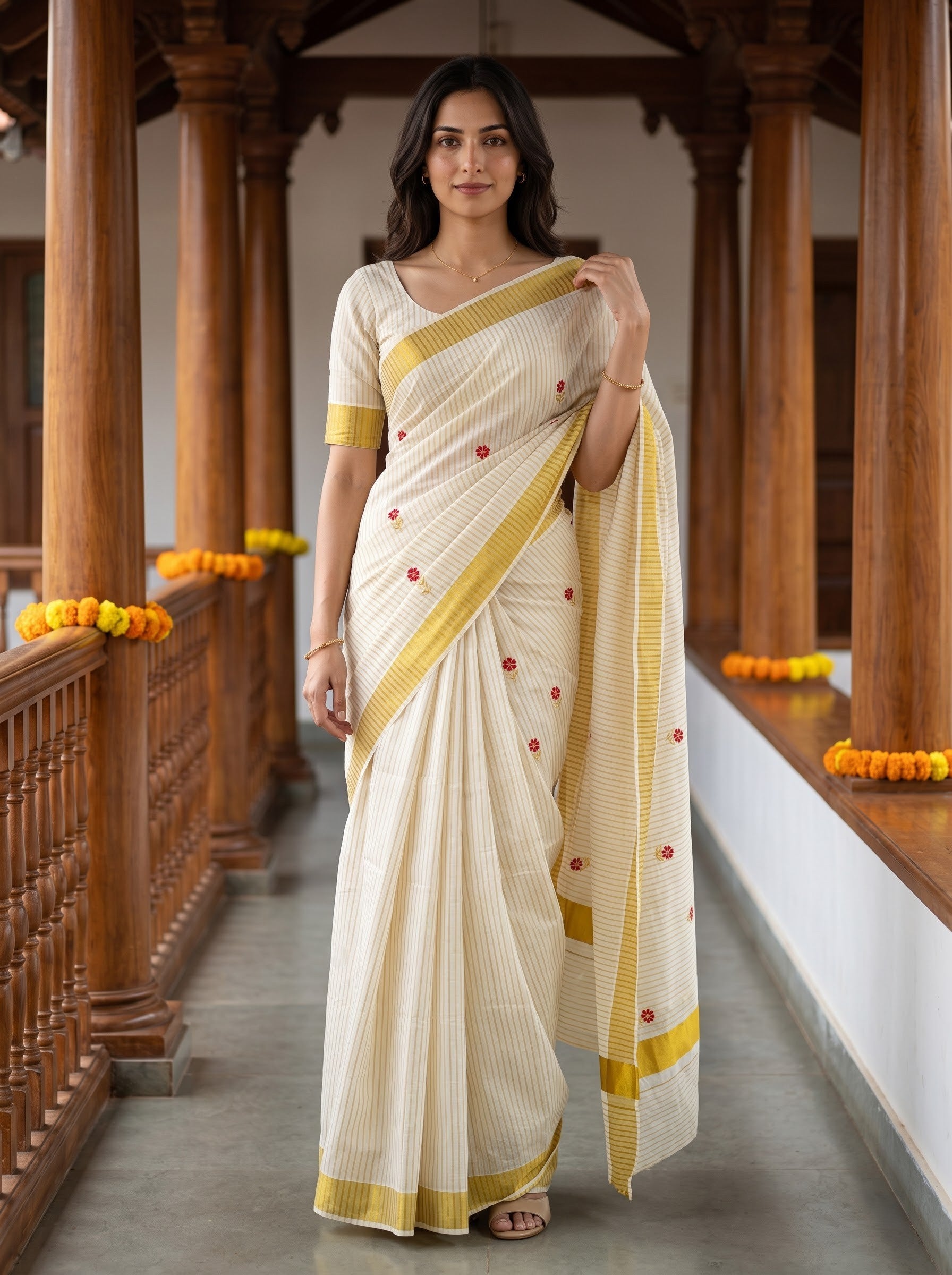 Cotton Cream Pinstripe with Golden Zari Border and Red Floral Motifs Onam Festive Kerala Saree