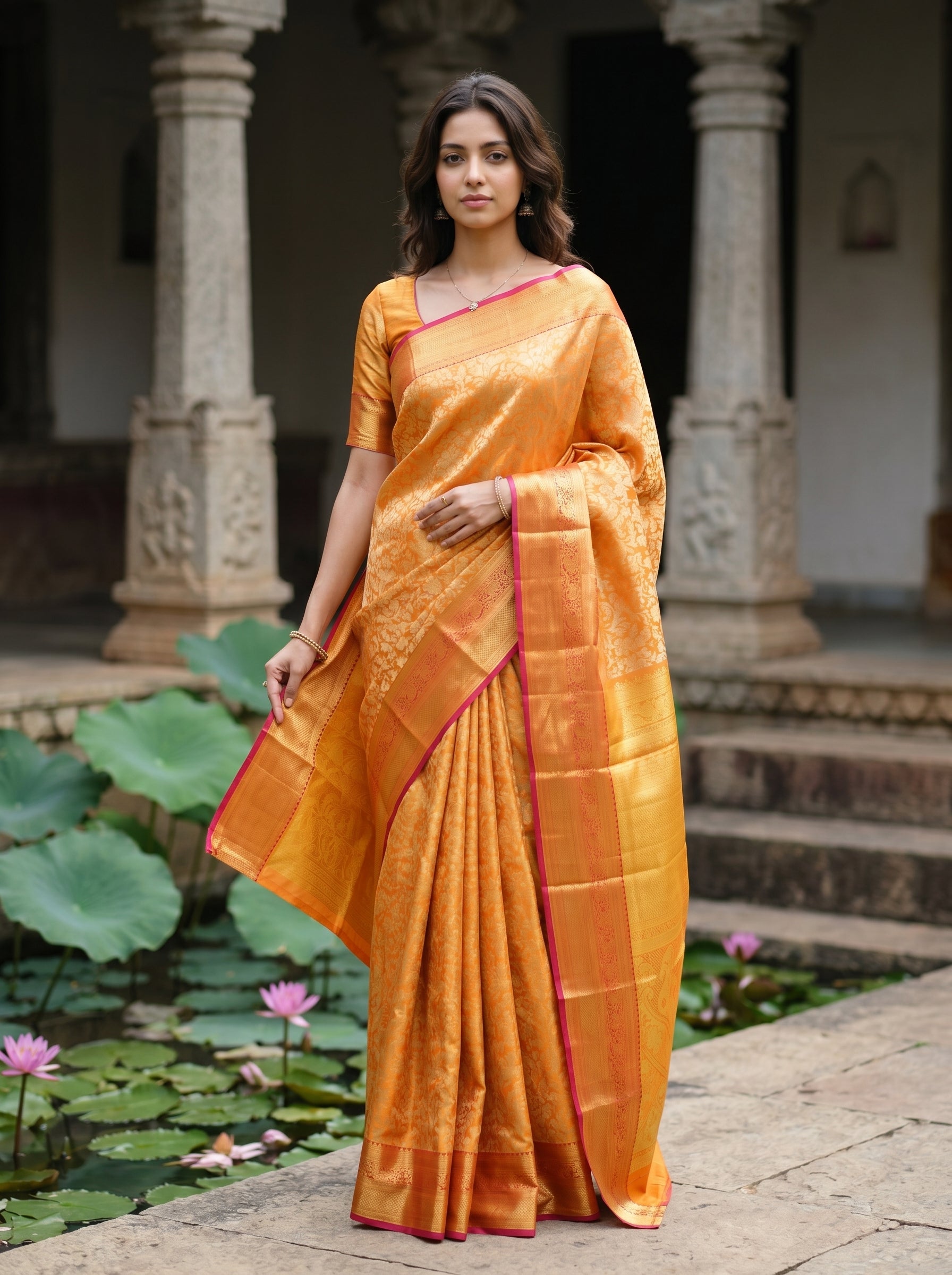 Woman in a yellow saree with a red border standing in an outdoor setting with columns and water lilies.