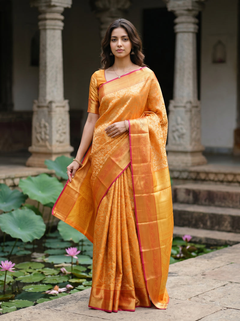 Woman in a yellow saree with a red border standing in an outdoor setting with columns and water lilies.