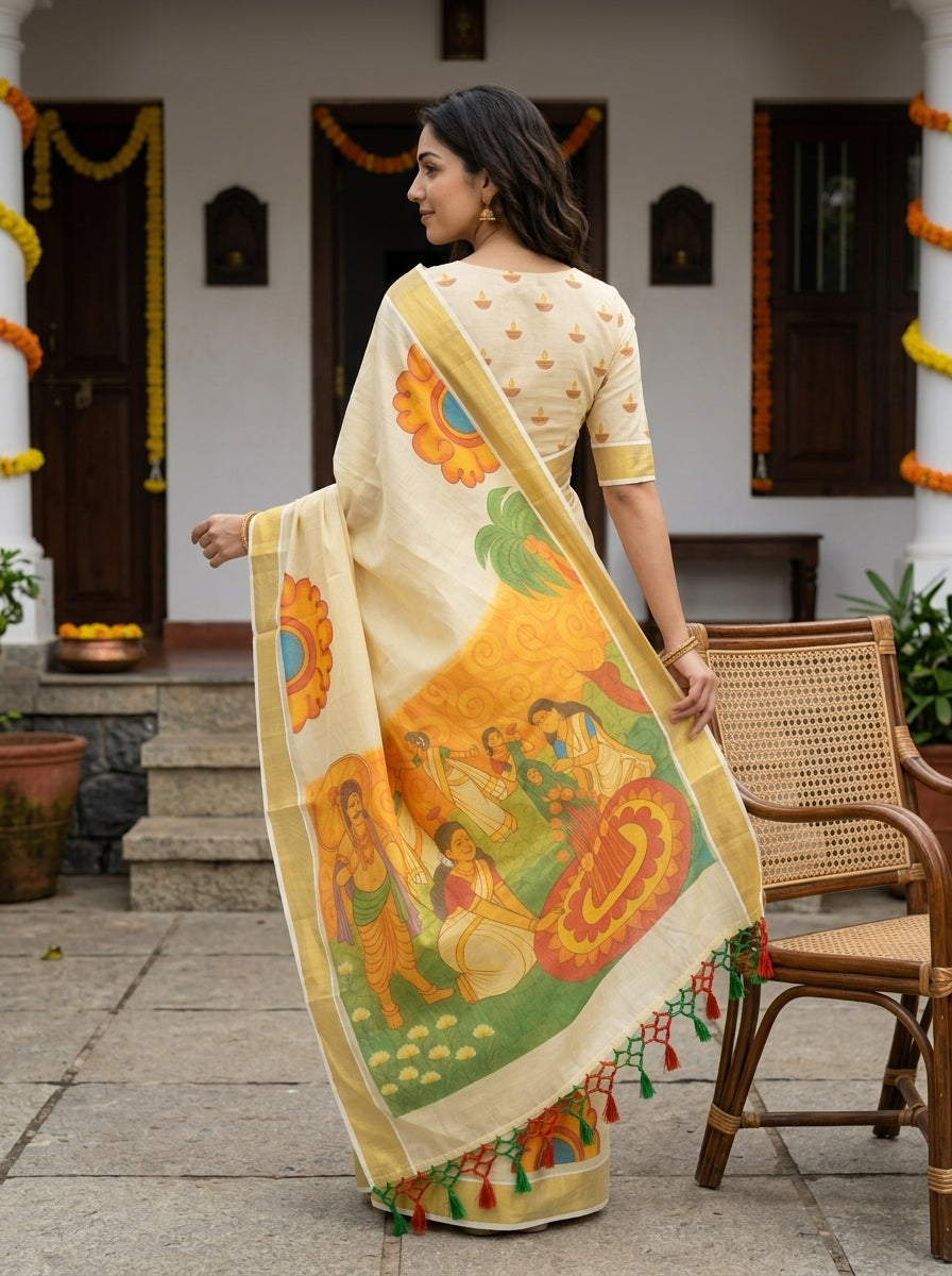 Tissue Cream Mural Onam Theme Pallu Figure Print Set Saree with Tassels