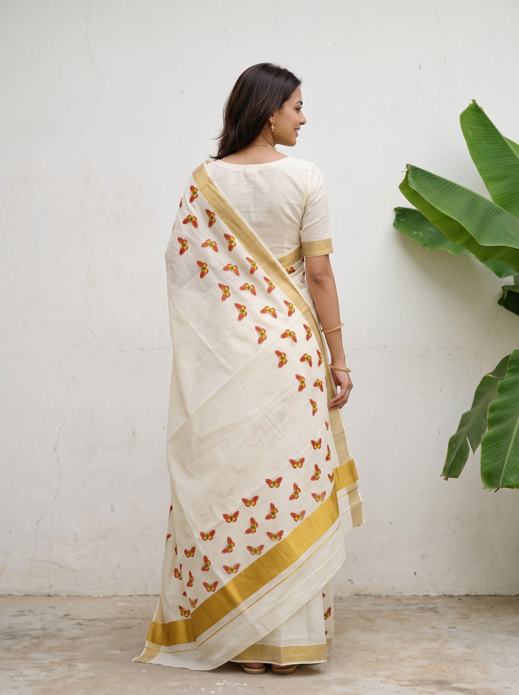 Cotton Cream Orange Butterfly Print with Golden Border Onam Special Kerala Saree