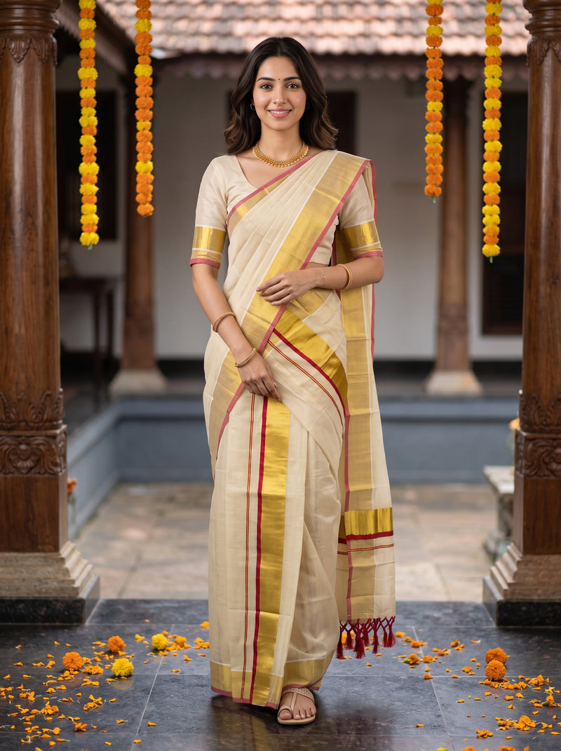 A woman wearing a traditional Indian saree stands in a courtyard. The saree is off-white/cream with gold and red stripes, paired with a cream blouse that has gold and red borders.