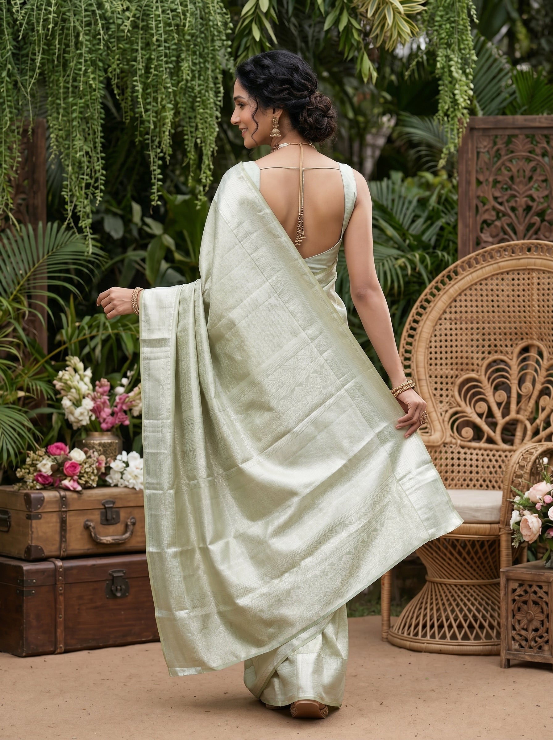 Kanjivaram Tissue Silk Pista Green All-Over Self-Tone Jaal Saree with Wide Zari Border