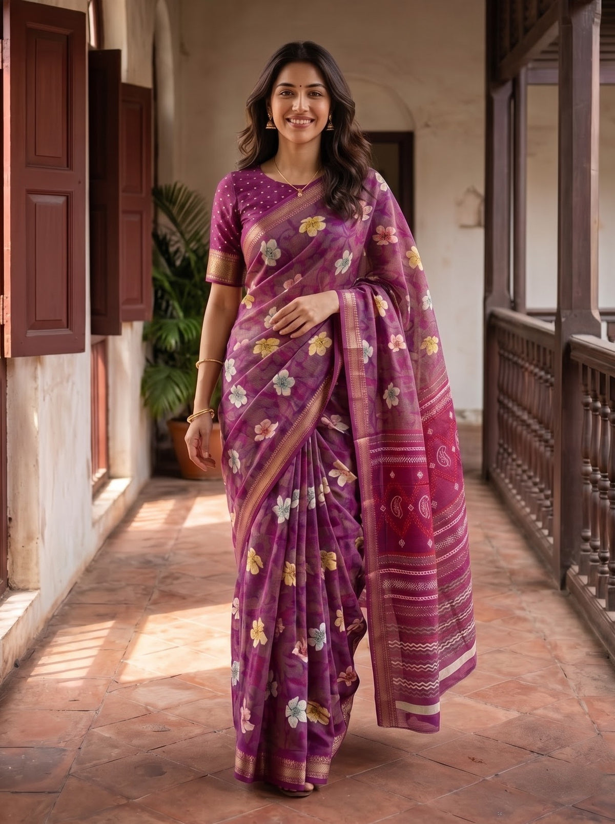 Polycotton Magenta Multicolor Floral Print Saree with Paisley Zigzag Pallu and Zari Border