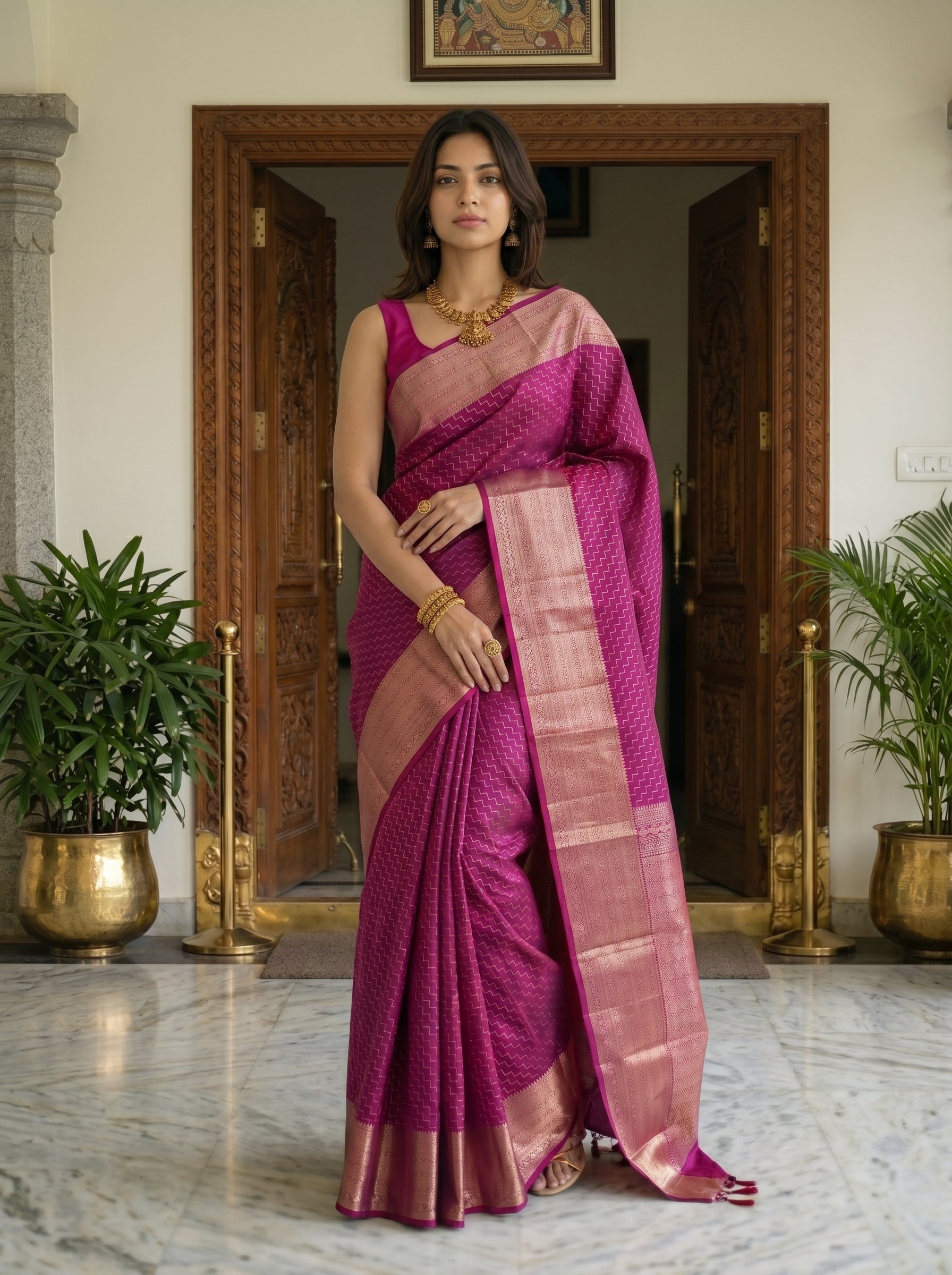 Kanjivaram Silk Magenta Pink Zari Woven Traditional Saree
