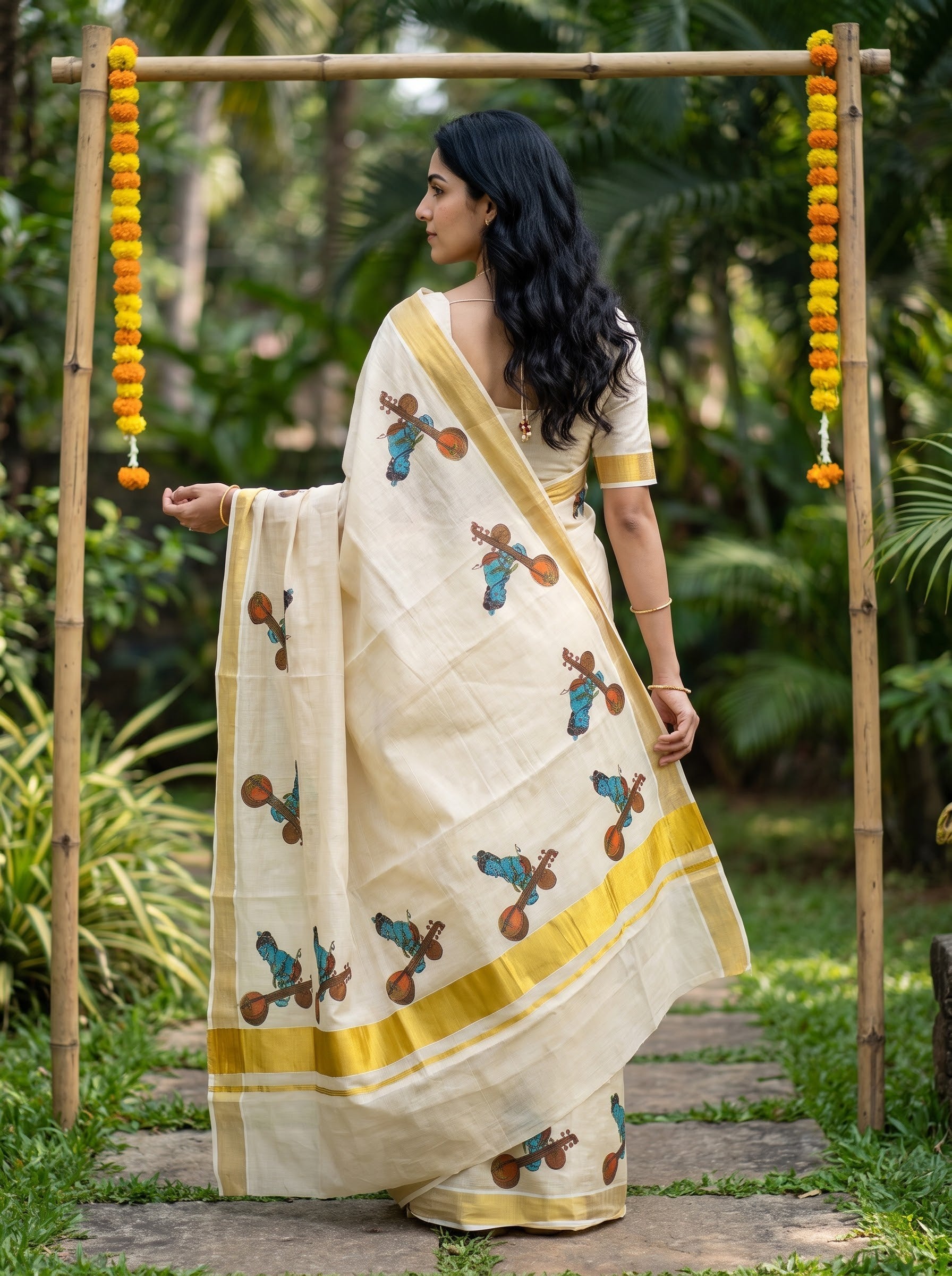 Tissue Cream Lord Krishna and Veena Print with Golden Border Onam Special Kerala Saree