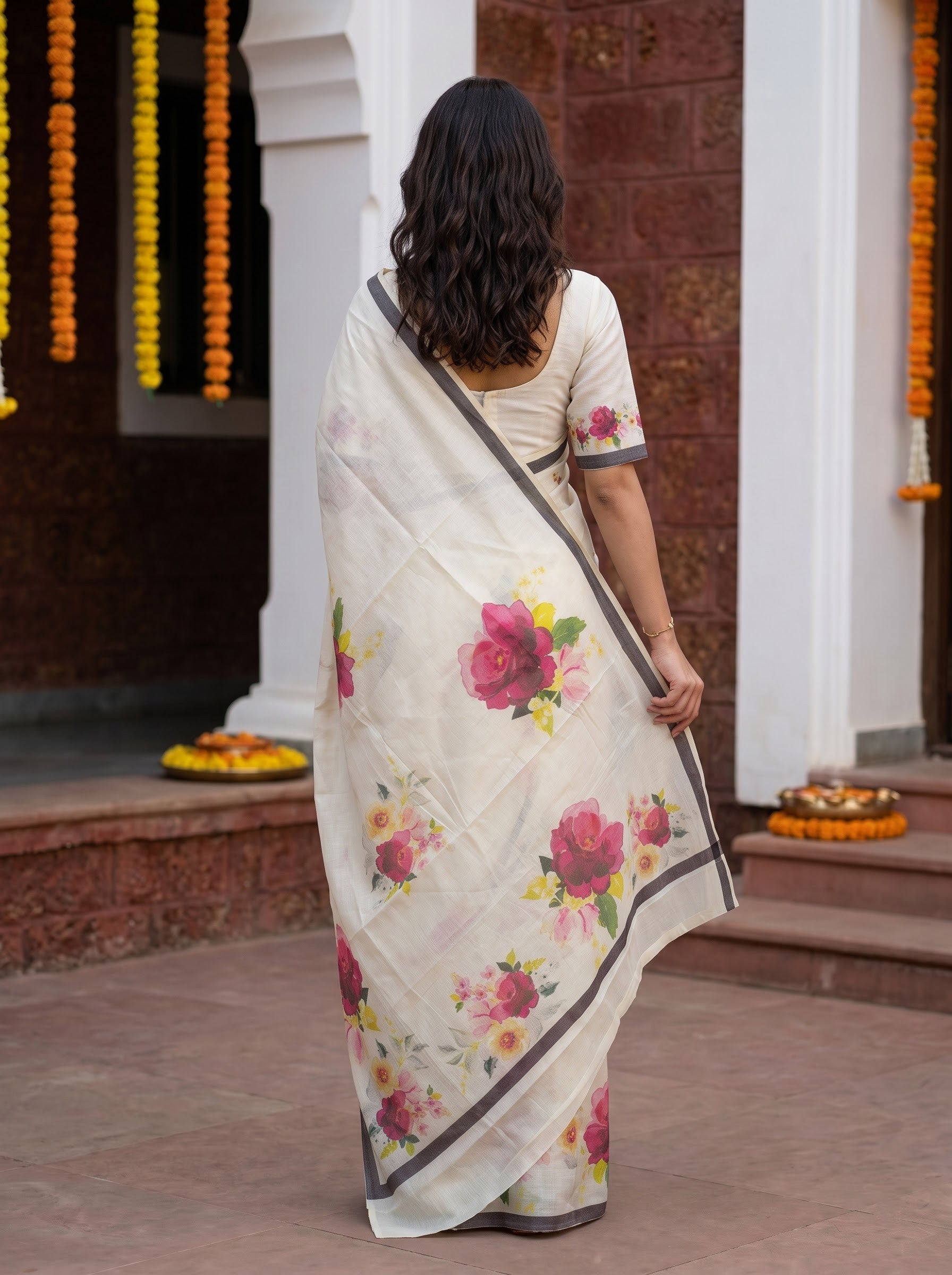 Cotton Cream Watercolor Rose Print with Grey Border Onam Special Kerala Saree