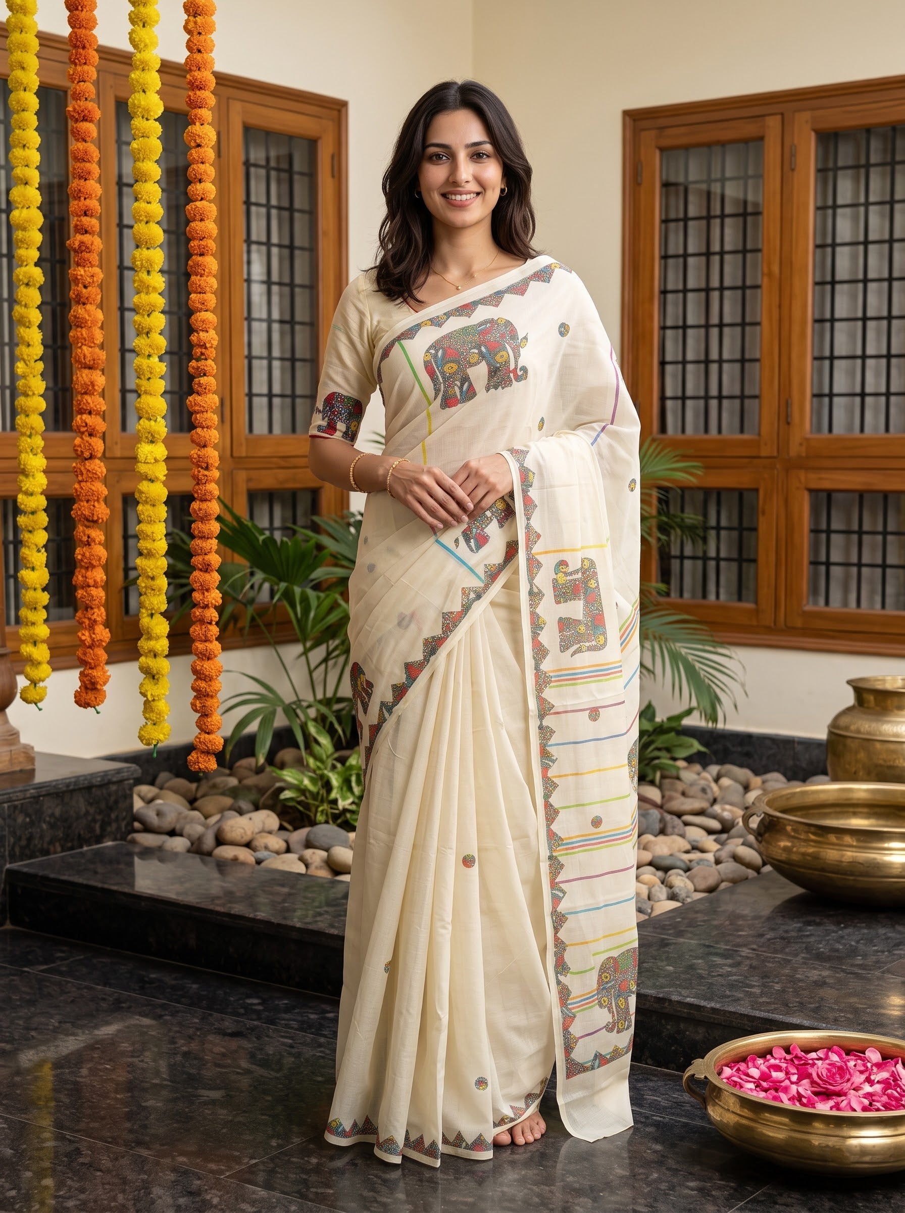 Cotton Cream Madhubani Elephant Print with Tribal Border Onam Special Kerala Saree