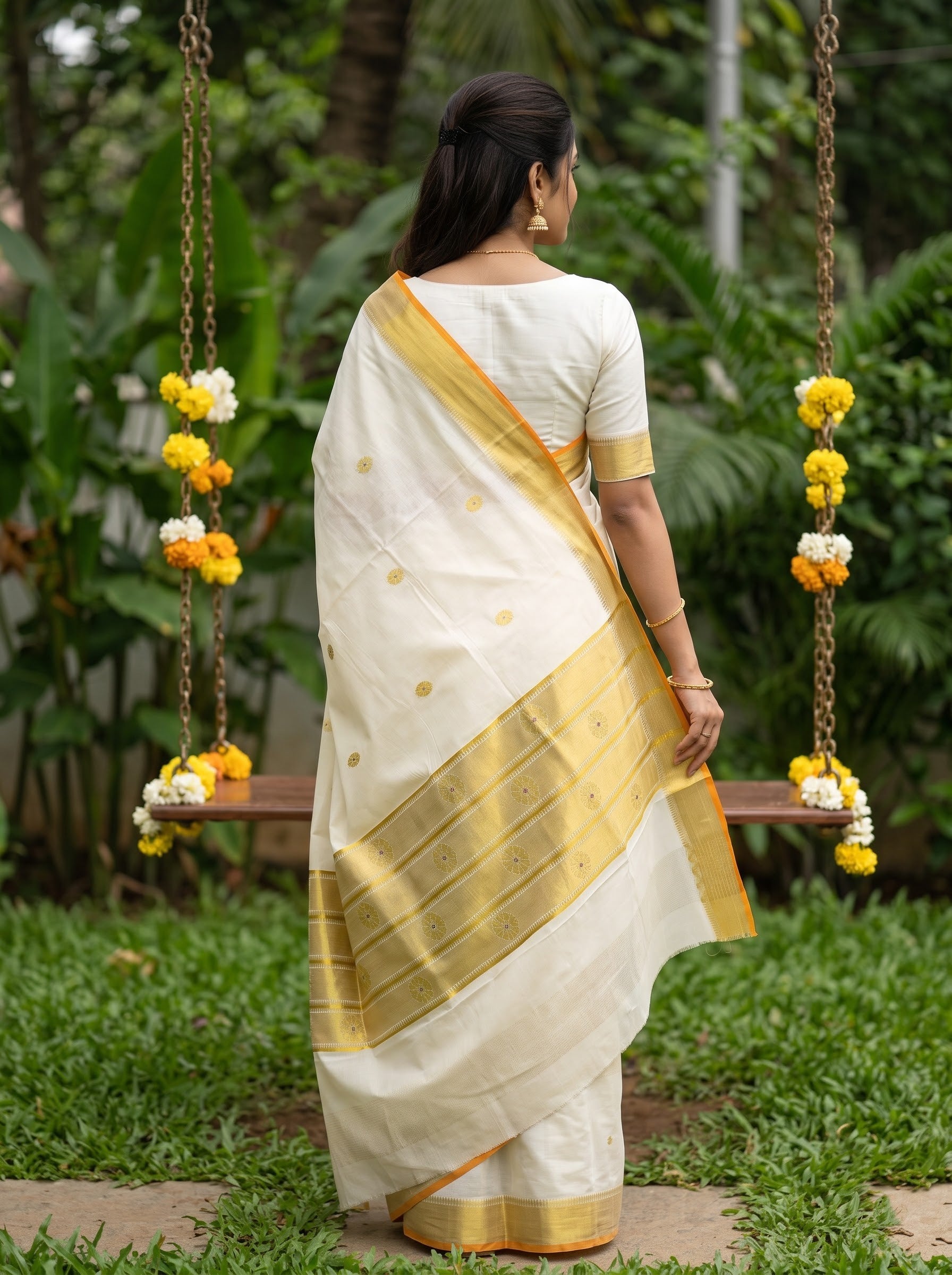 A woman viewed from behind wearing a white and gold saree, standing in a garden next to hanging flower garlands and a wooden swing.