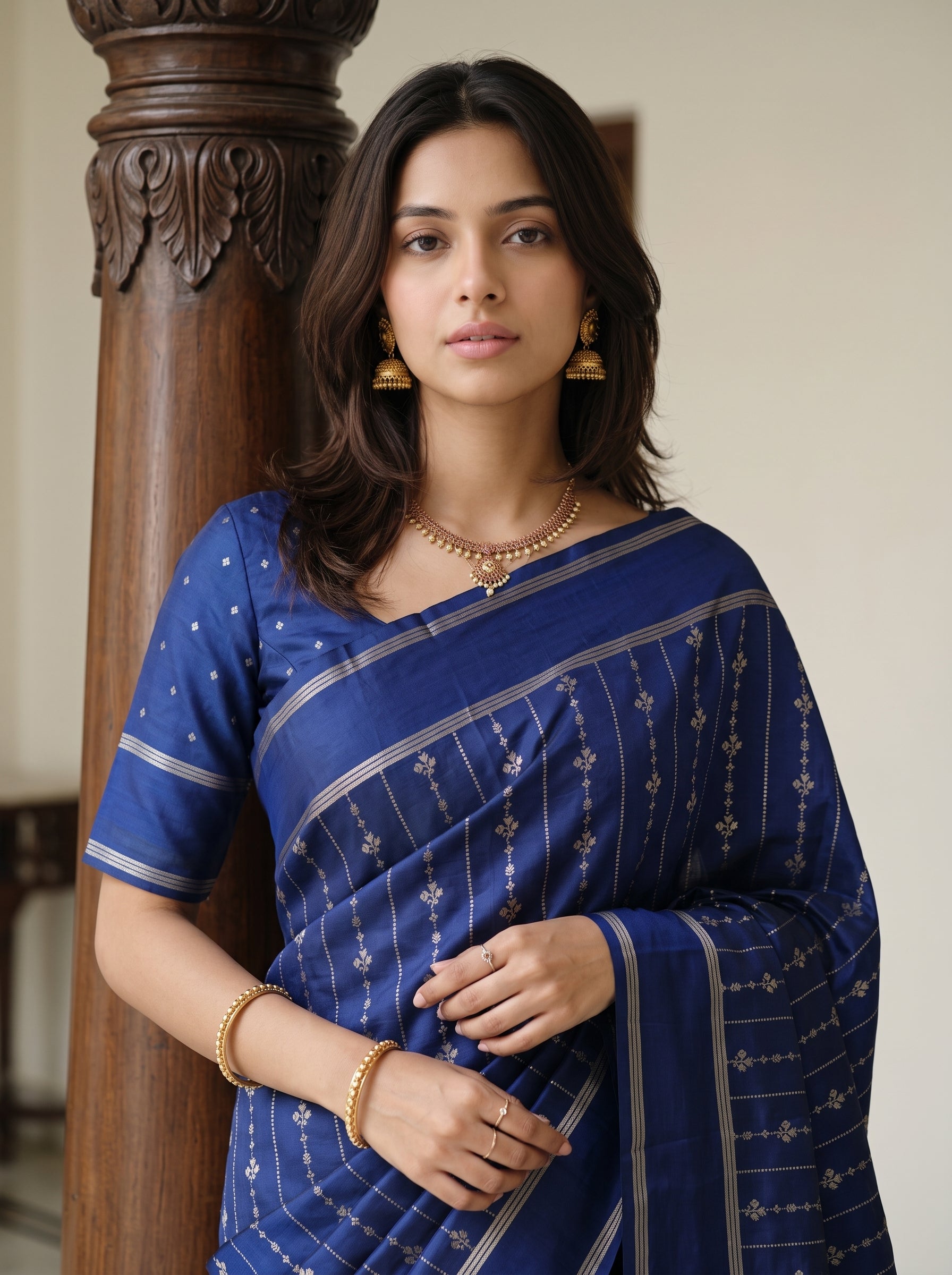 Buy Semi Silk Navy Blue Zari Vine Stripe Saree with Woven Border